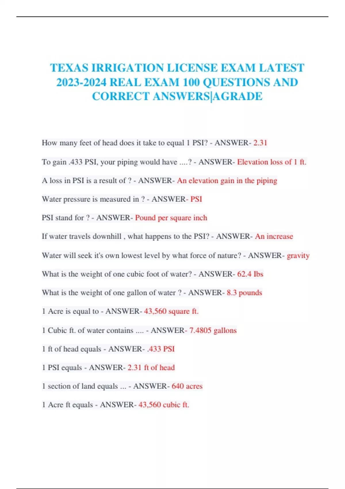 TEXAS IRRIGATION LICENSE EXAM LATEST 20232024 REAL EXAM 100 QUESTIONS