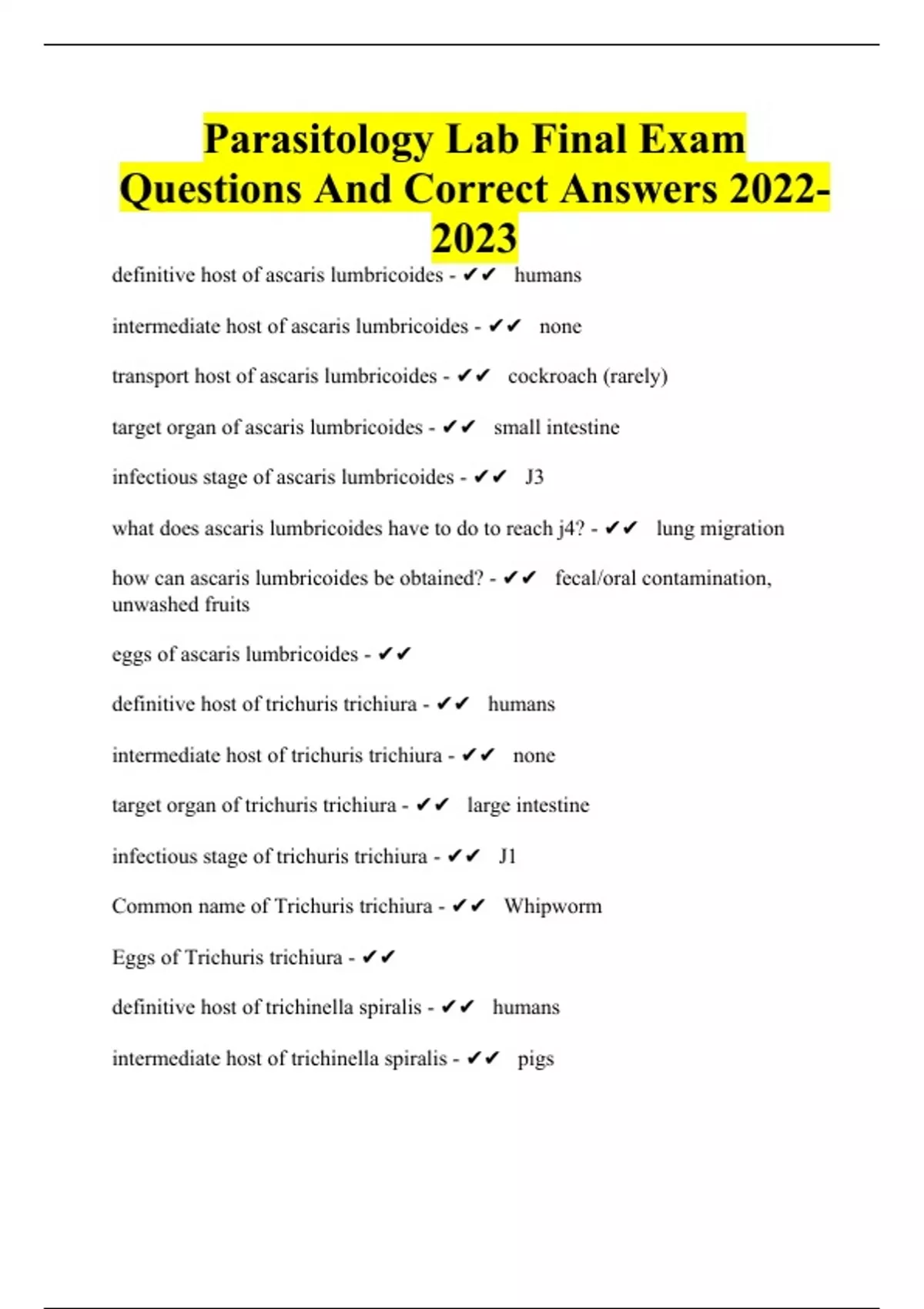 Parasitology Lab Final Exam Questions And Correct Answers