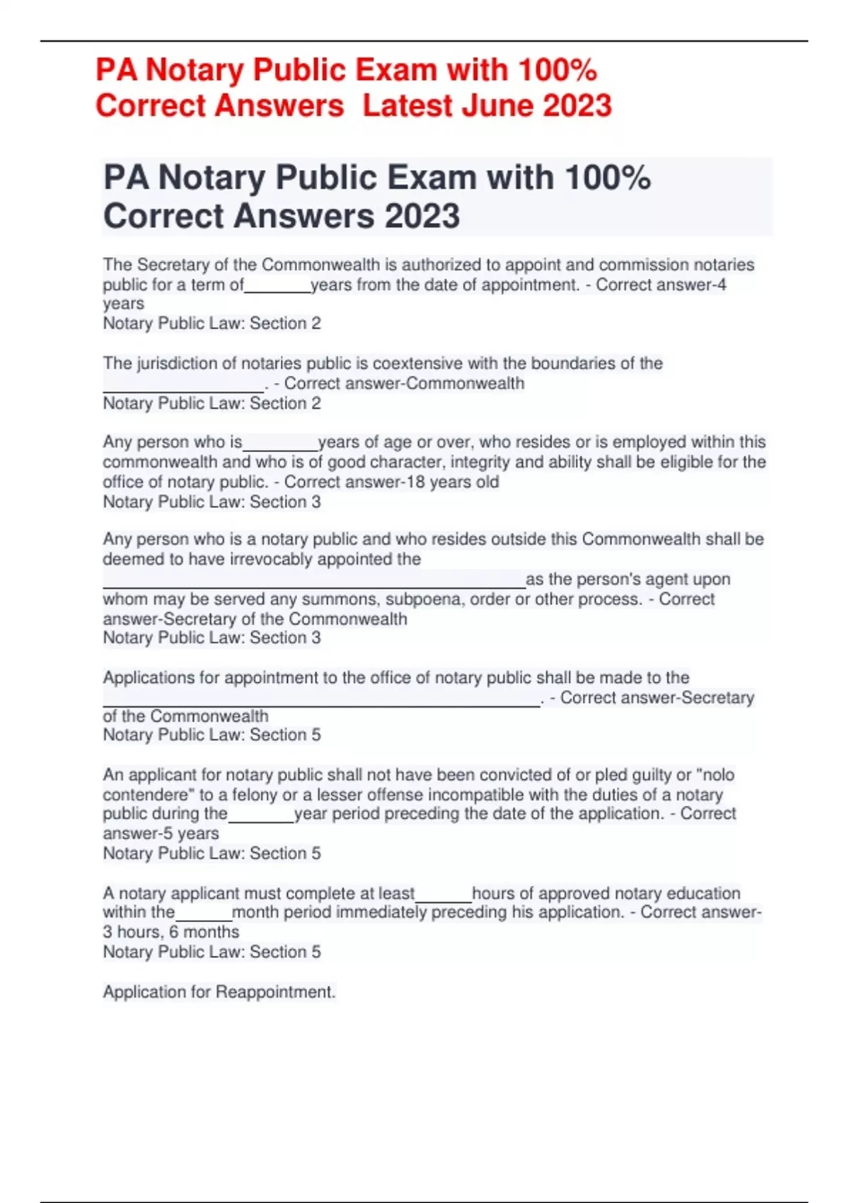 PA Notary Public Exam with 100 Correct Answers Latest June 2023 PA