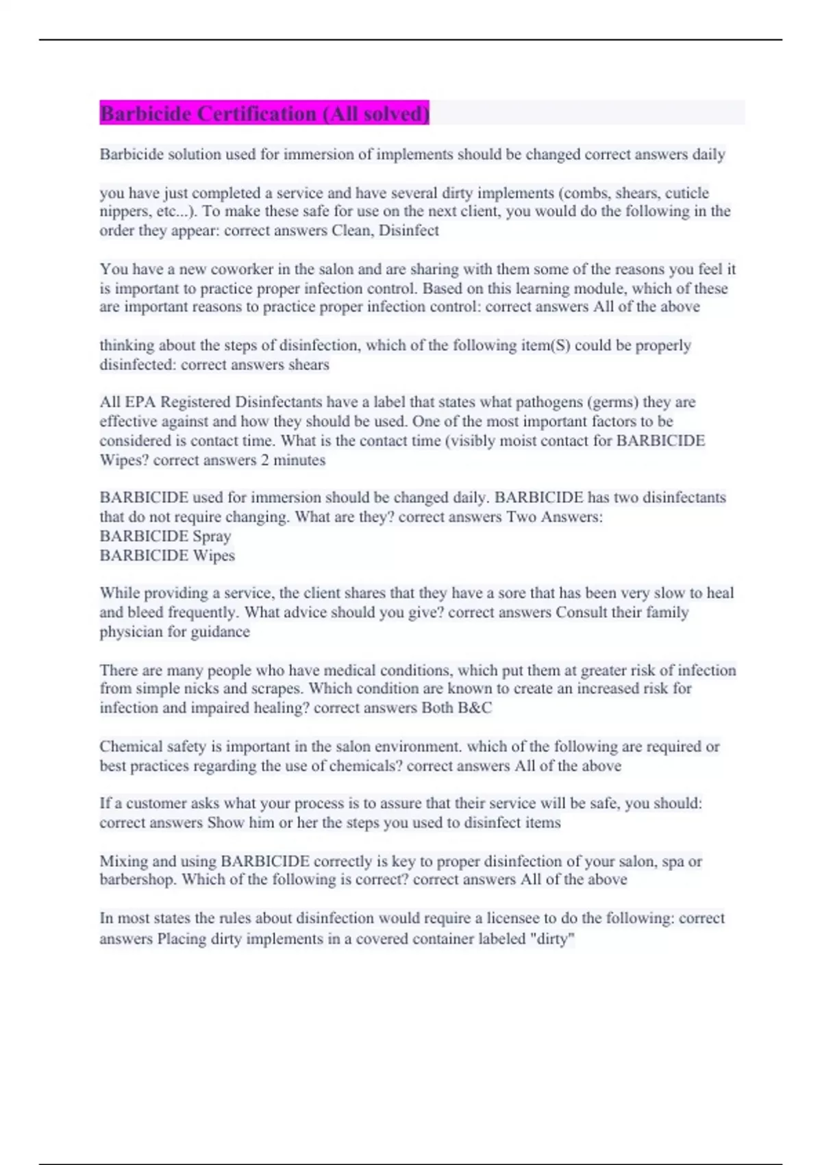 Barbicide Exam (A+ GRADED) - Stuvia US