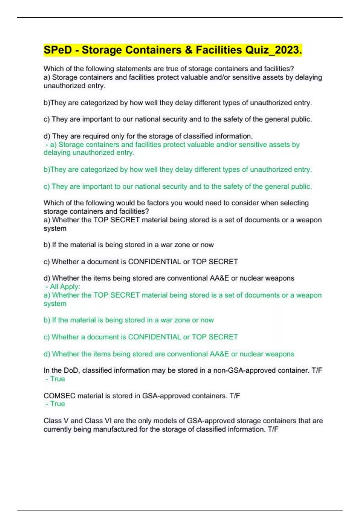 SPeD Storage Containers & Facilities Quiz_2023. Storage Containers