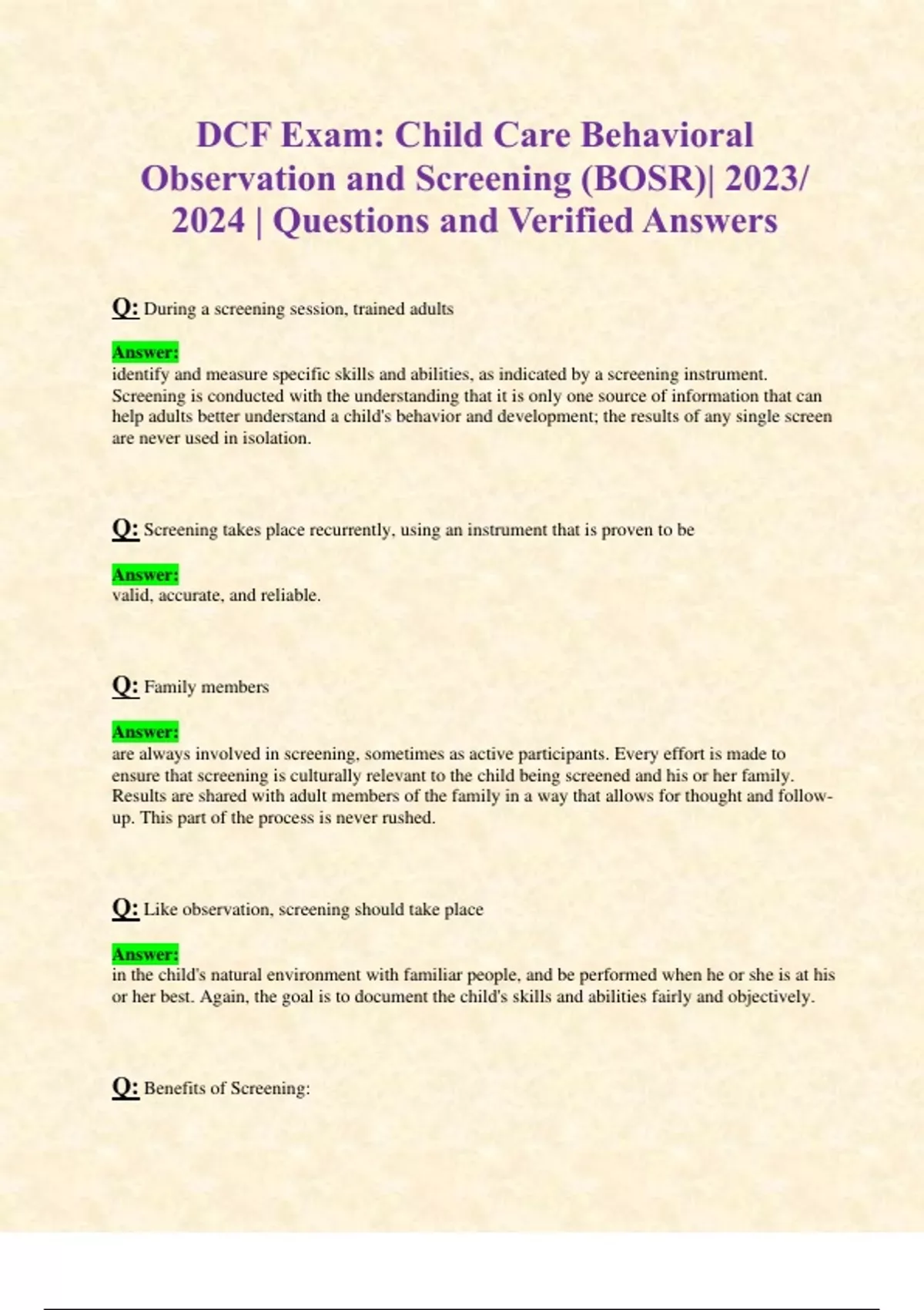 DCF Exam Child Care Behavioral Observation And Screening BOSR 2023 