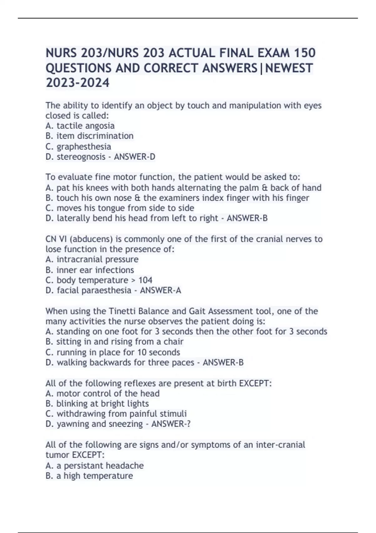 NURS 203/NURS 203 ACTUAL FINAL EXAM 150 QUESTIONS AND CORRECT ANSWERS ...