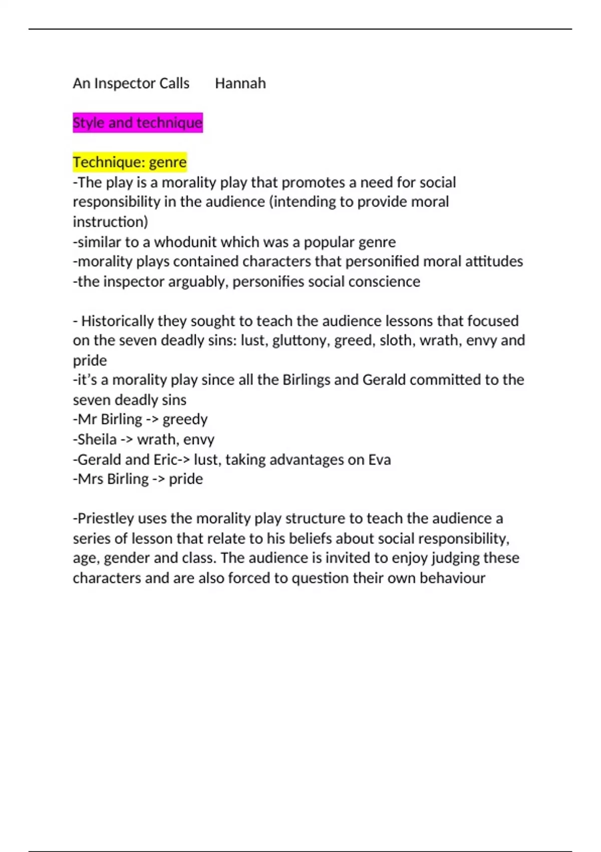 Summary gcse aqa english literature an inspector calls notes English