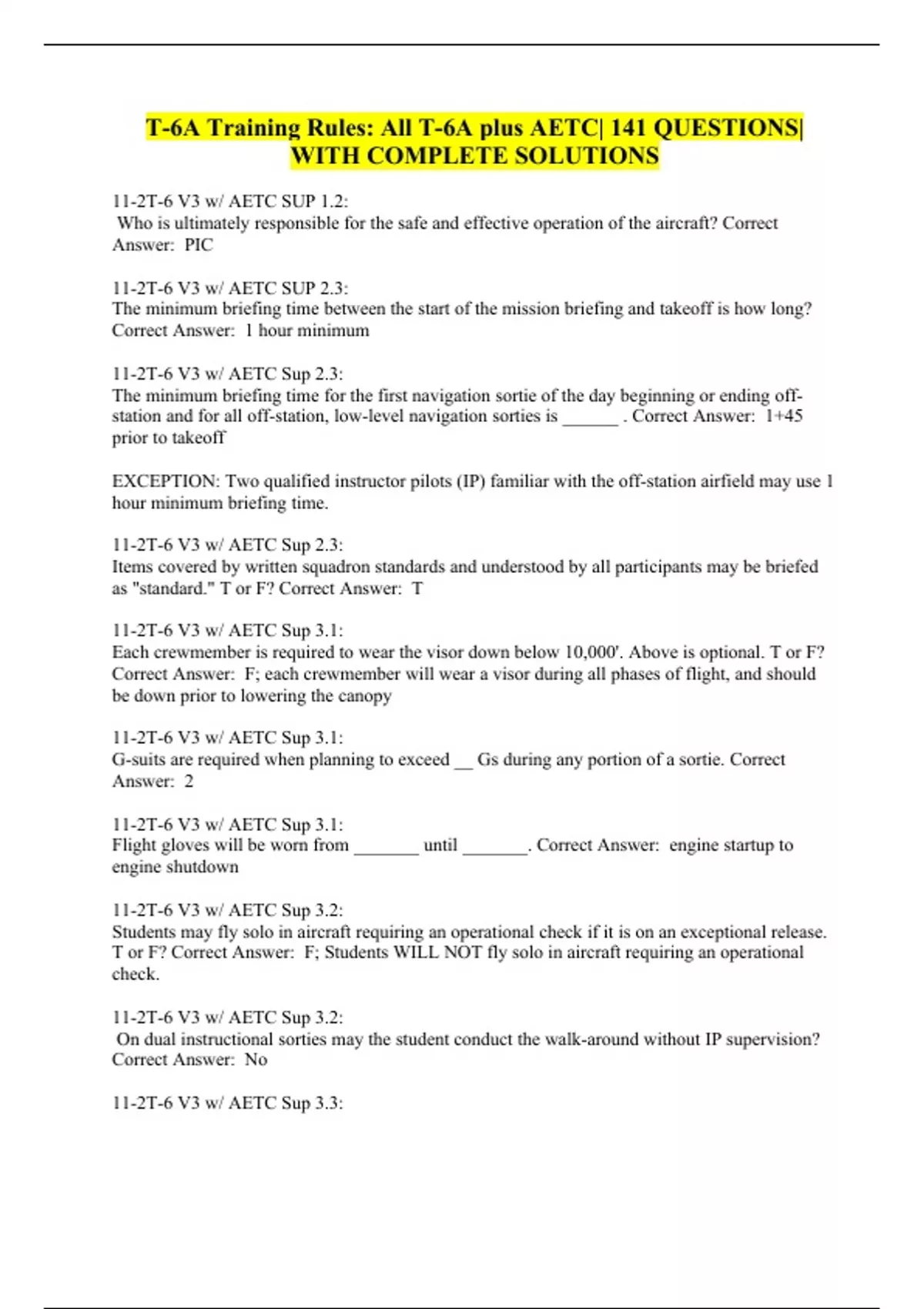 T-6A Training Rules: All T-6A plus AETC| 141 QUESTIONS| WITH COMPLETE ...