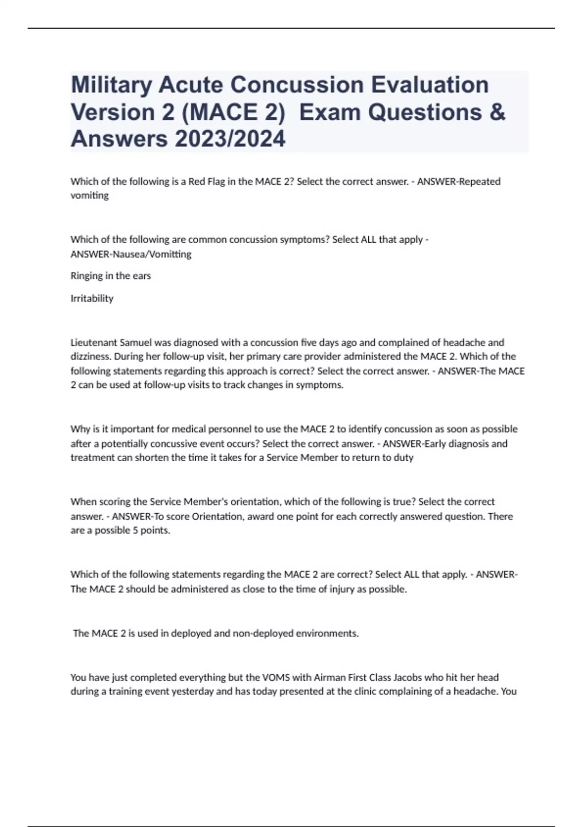 Military Acute Concussion Evaluation Version 2 (MACE 2) Exam Questions
