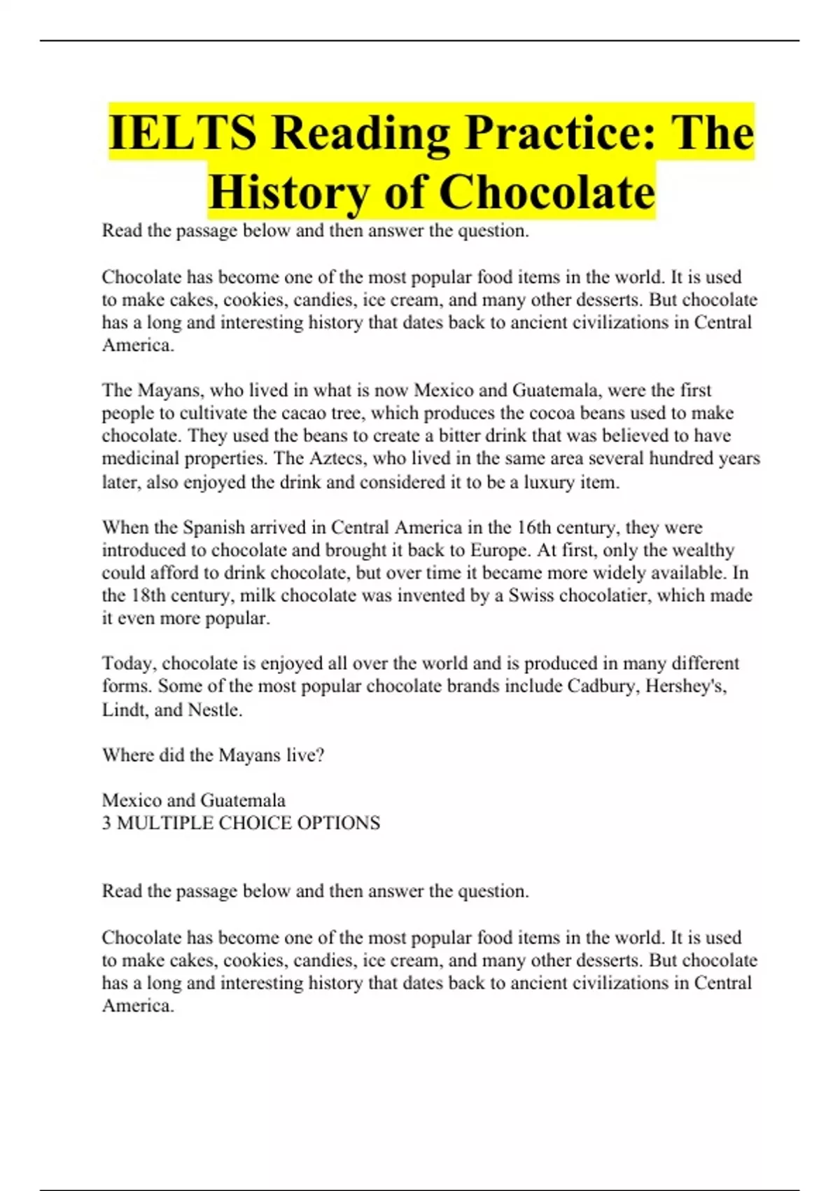 IELTS Reading Practice The History of Chocolate IELTS Reading