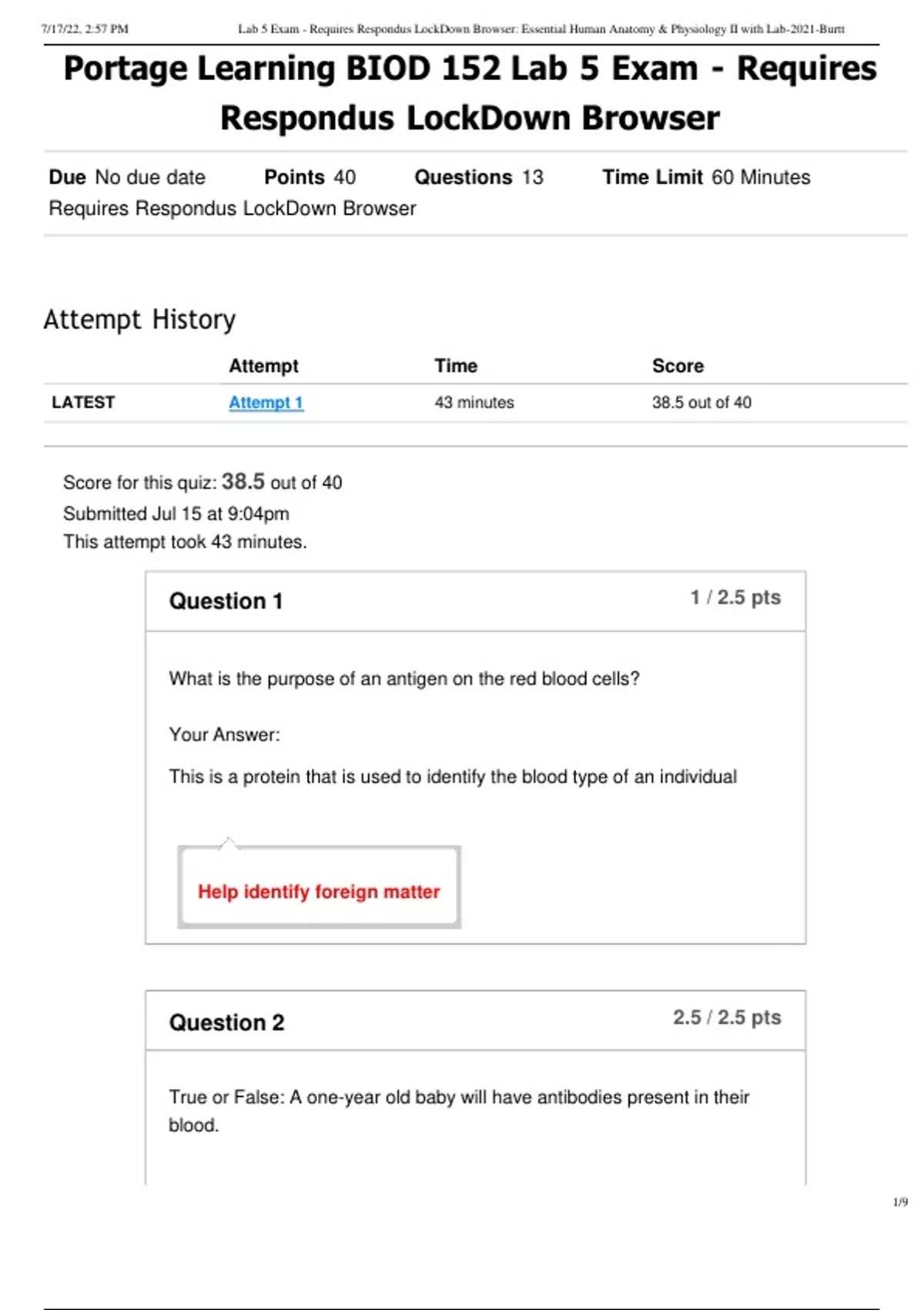 Portage Learning BIOD 152 Lab 5 Exam Requires Respondus LockDown