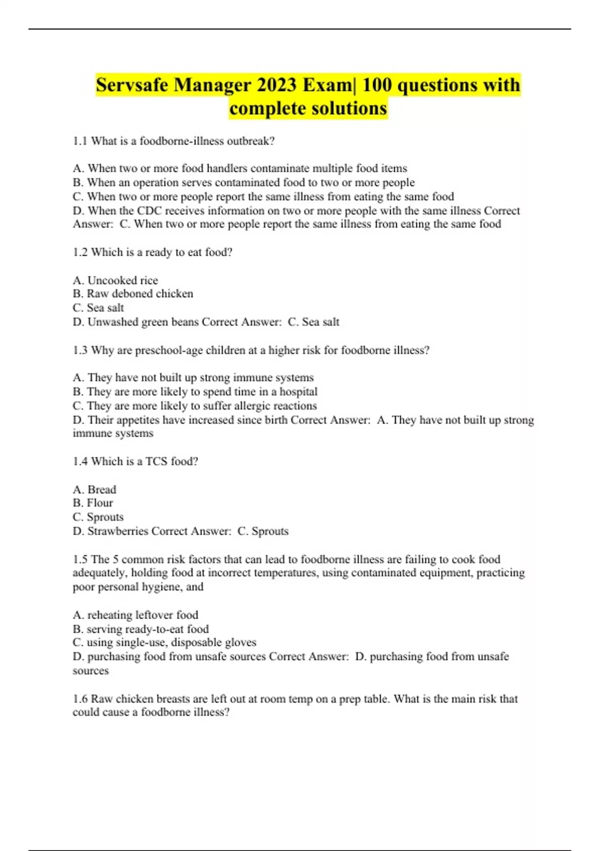 Servsafe Manager 2023 Exam 100 Questions With Complete Solutions