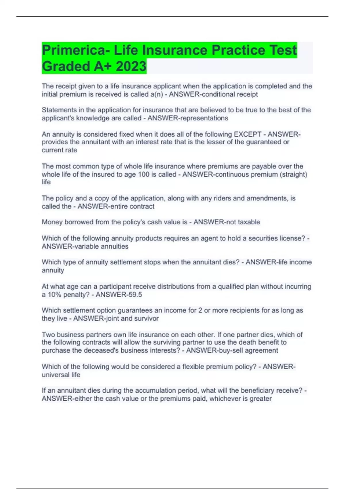 Primerica Life Insurance Practice Test Graded A+ 2023 Primerica