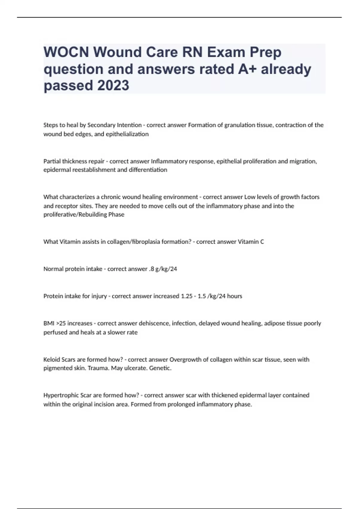 WOCN Wound Care RN Exam Prep question and answers rated A+ already