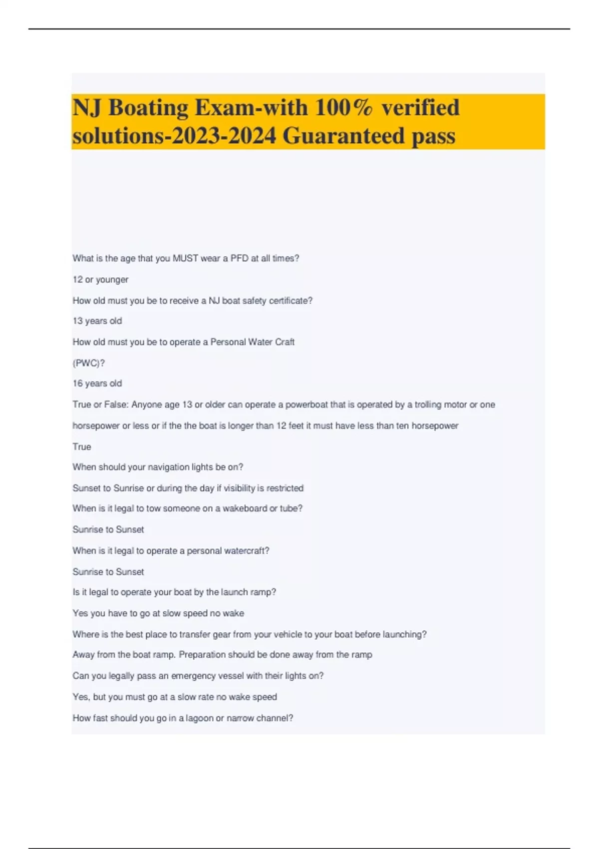 NJ Boating Examwith 100 verified solutions Guaranteed pass Nj