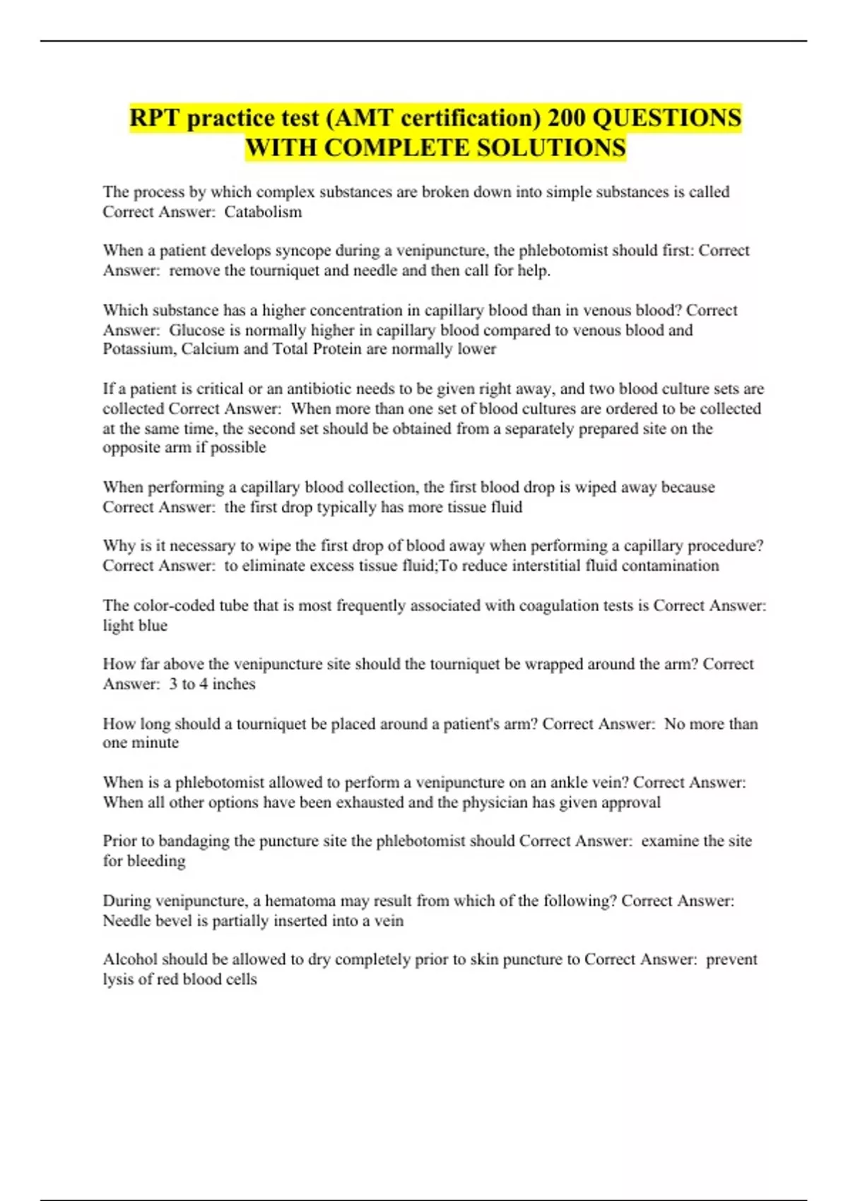 RPT practice test (AMT certification) 200 QUESTIONS WITH COMPLETE