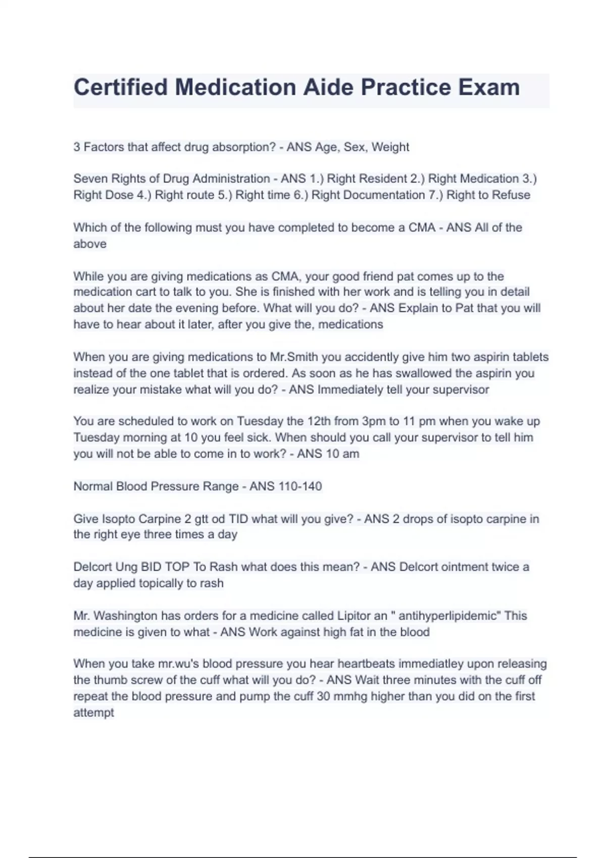 Certified Medication Aide Practice Exam VERIFIED ANSWERS (A+ RATED) Med Aide Stuvia US