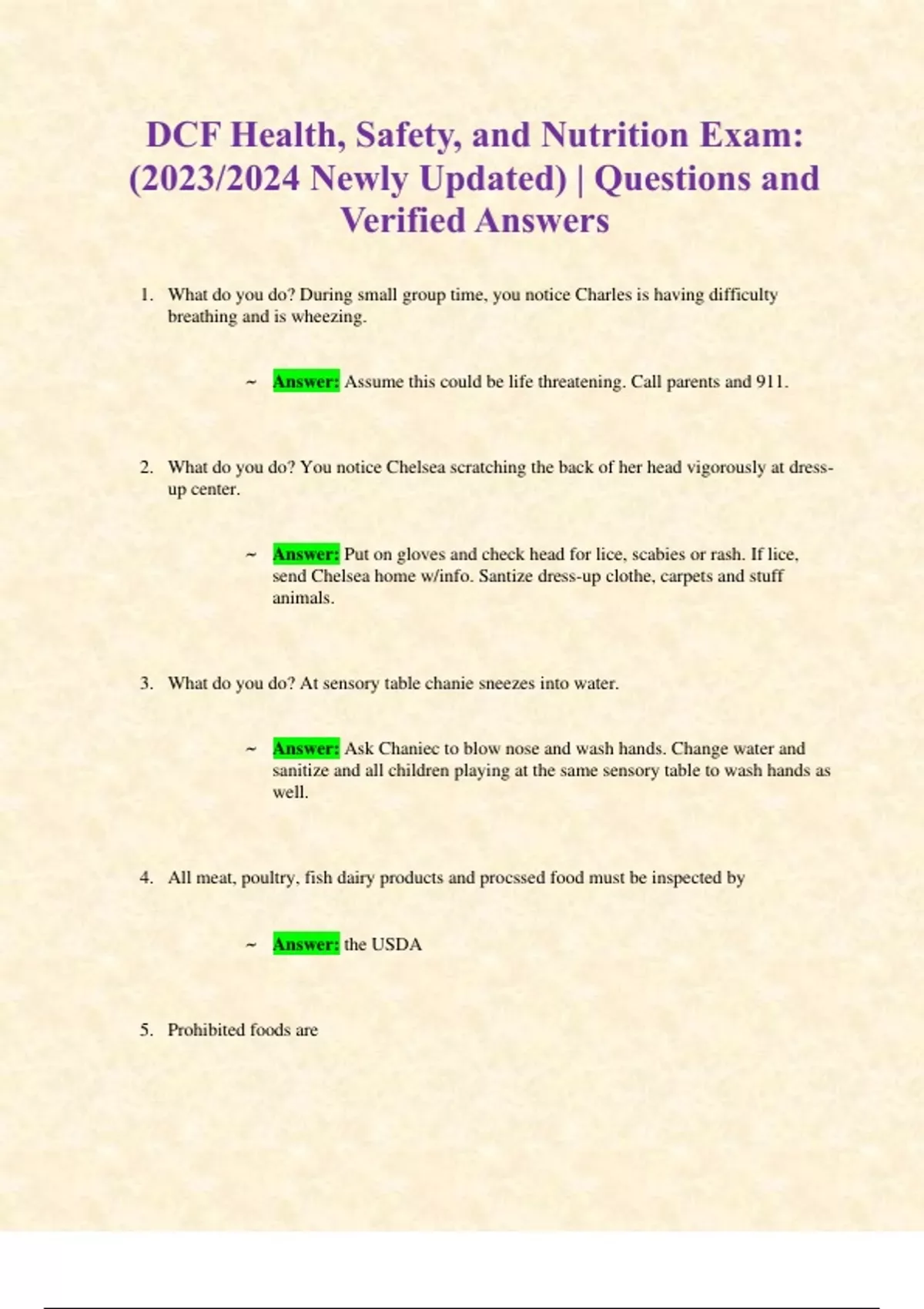 DCF Health, Safety, and Nutrition Exam (2023/2024 Newly Updated) Questions and Verified
