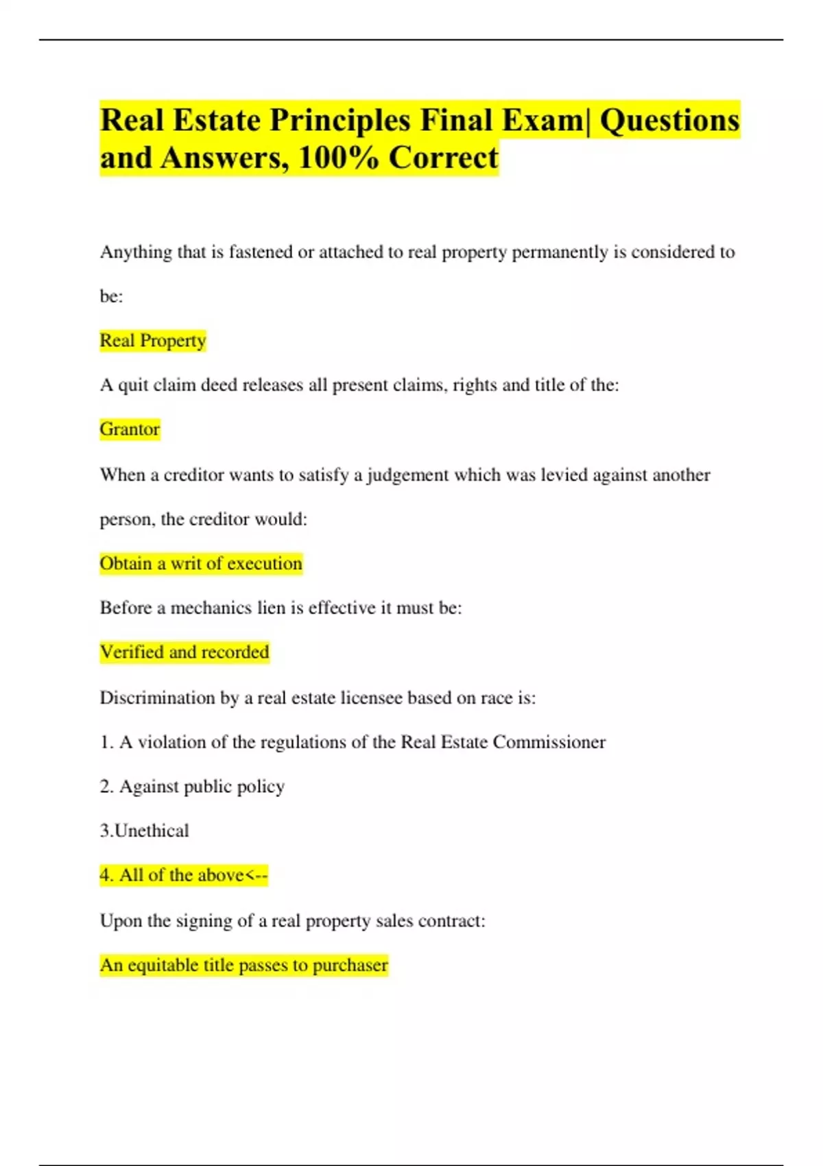 Real Estate Principles Final Exam Questions and Answers, 100 Correc