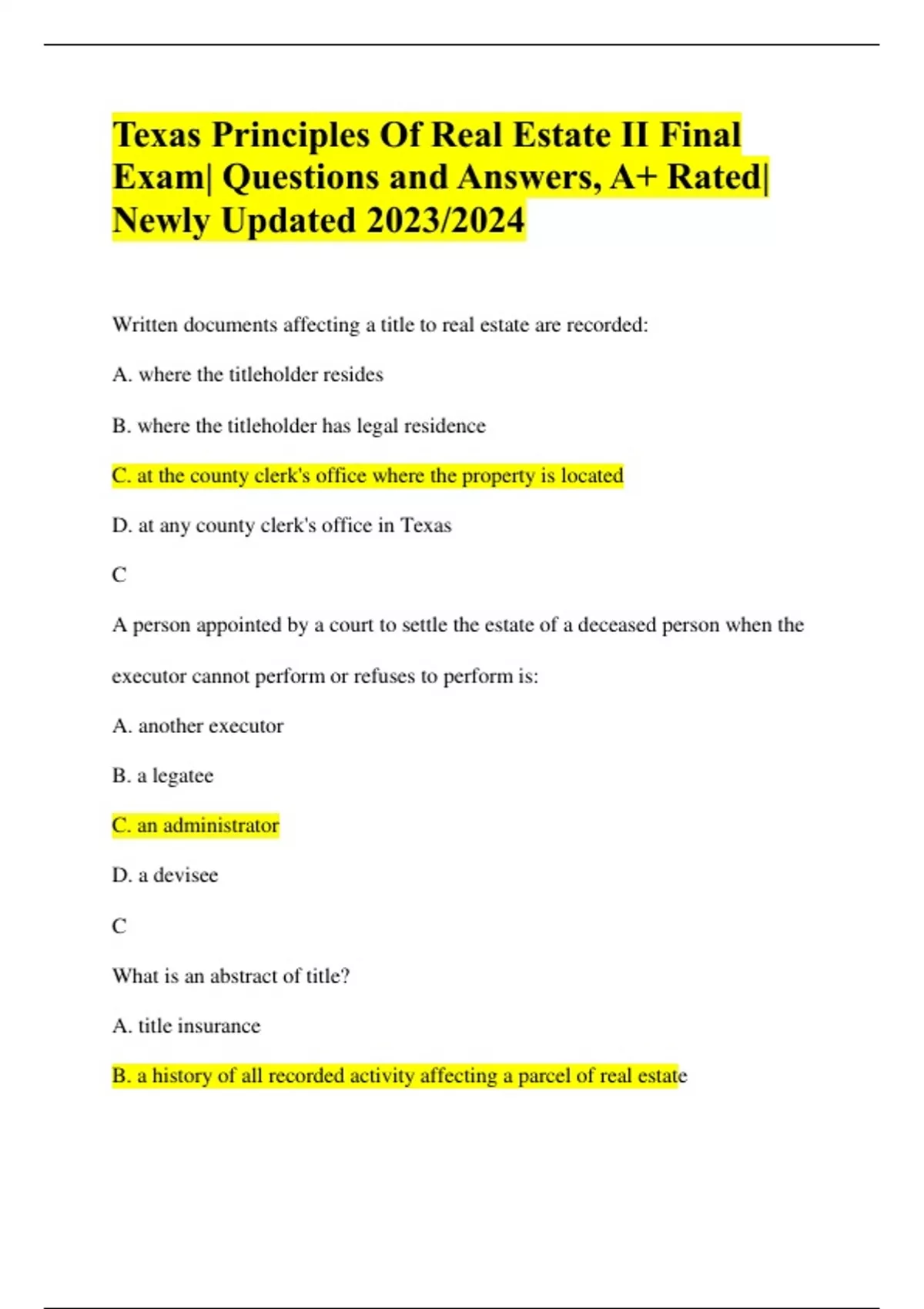 Texas Principles Of Real Estate II Final ExamsBundled togetherQuestions and Answers, 100