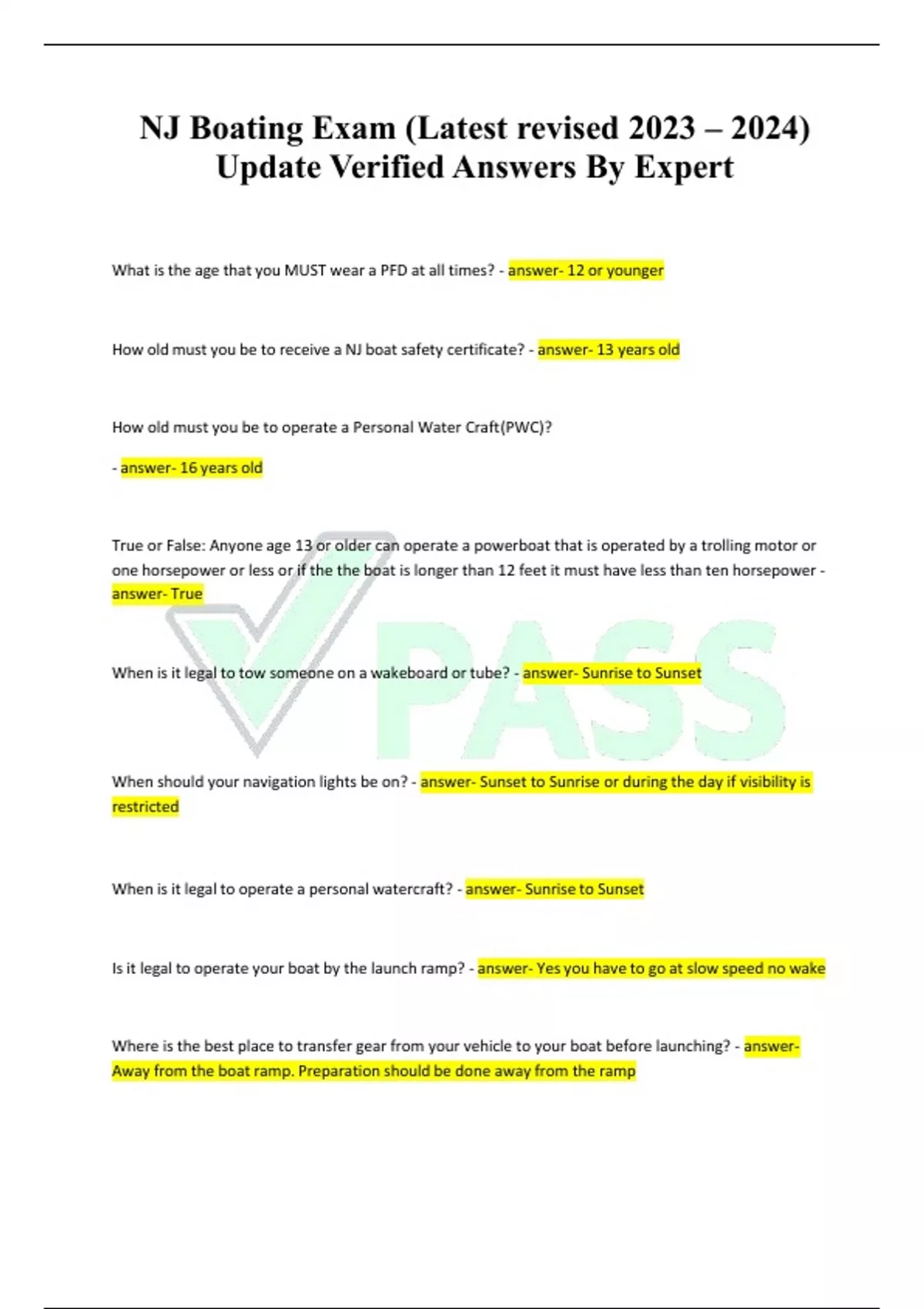 NJ Boating Exam (Latest revised 2023 2024) Update Verified Answers By