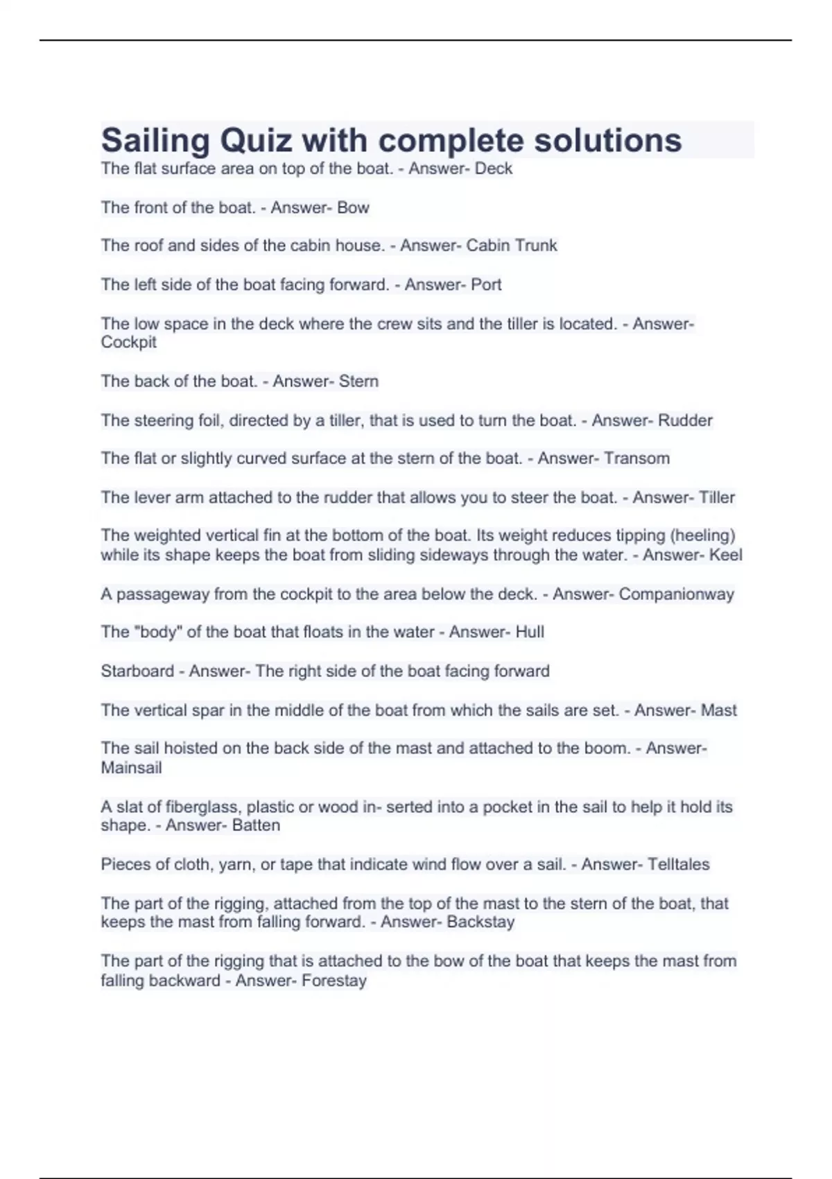 Sailing Quiz with complete solutions Sailing Stuvia US