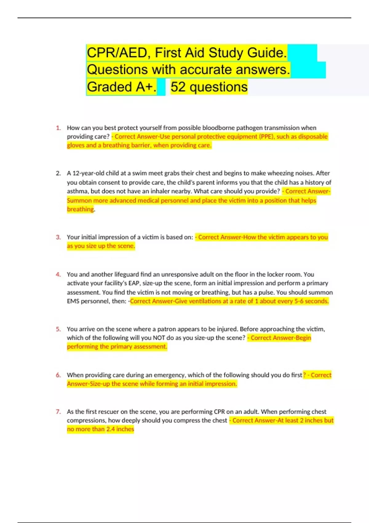 CPR/AED, First Aid Study Guide. Questions with accurate answers Graded