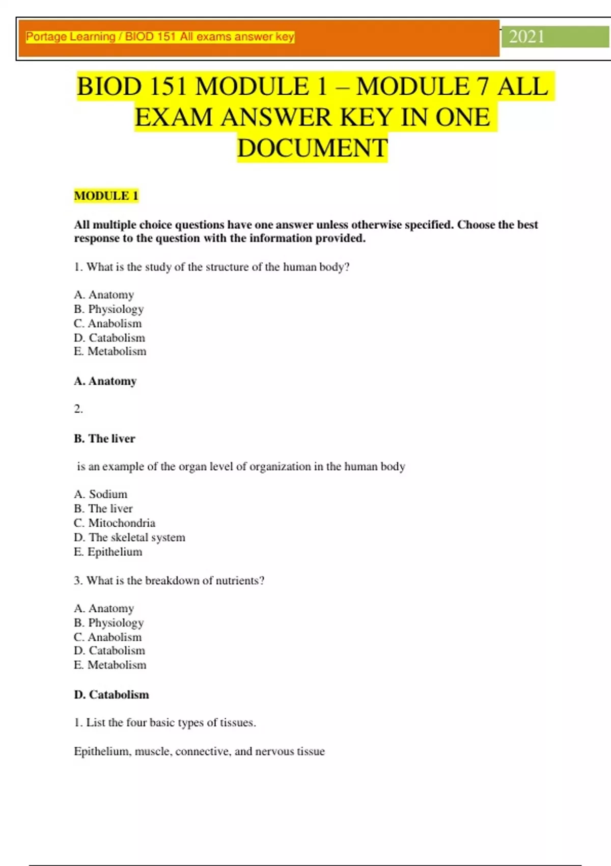 BIOD 151 MODULE 1 – MODULE 7 ALL EXAM ANSWER KEY IN ONE DOCUMENT - BIOD ...