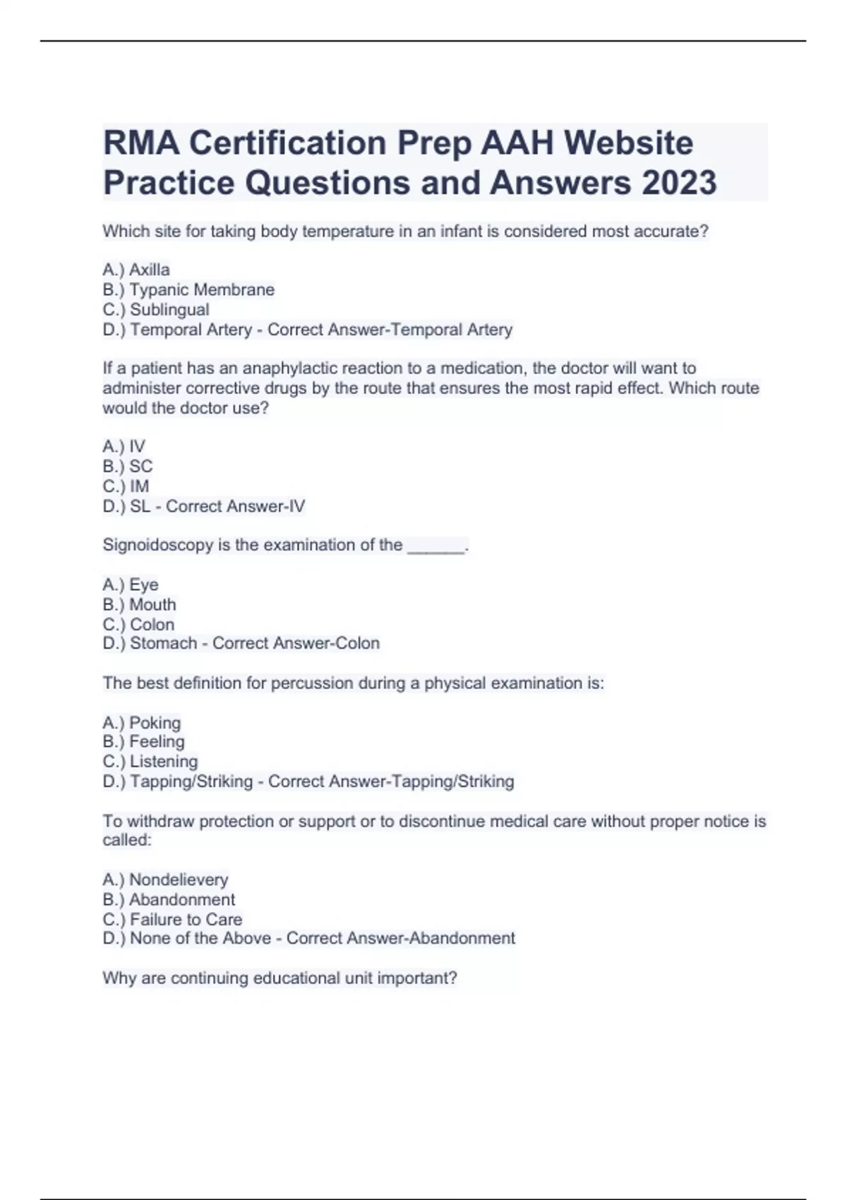 RMA Certification Prep AAH Website Practice Questions and Answers 2023 ...