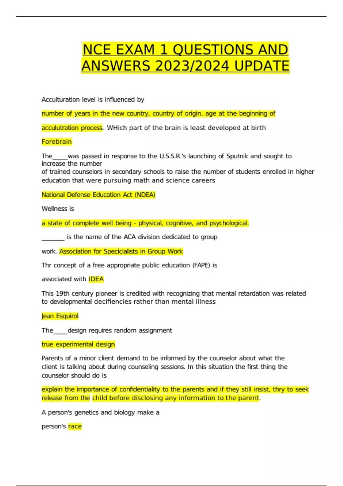 NCE EXAM 1 QUESTIONS AND ANSWERS 2023/2024 UPDATE NCE. Stuvia US