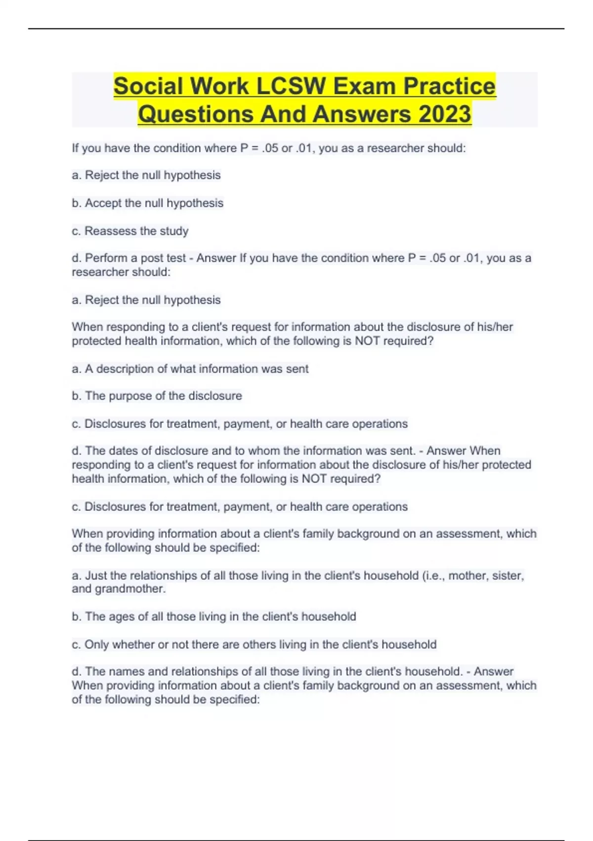 Lcsw R Social Work LCSW Exam Practice Questions And Answers 2023 - LCSW ...
