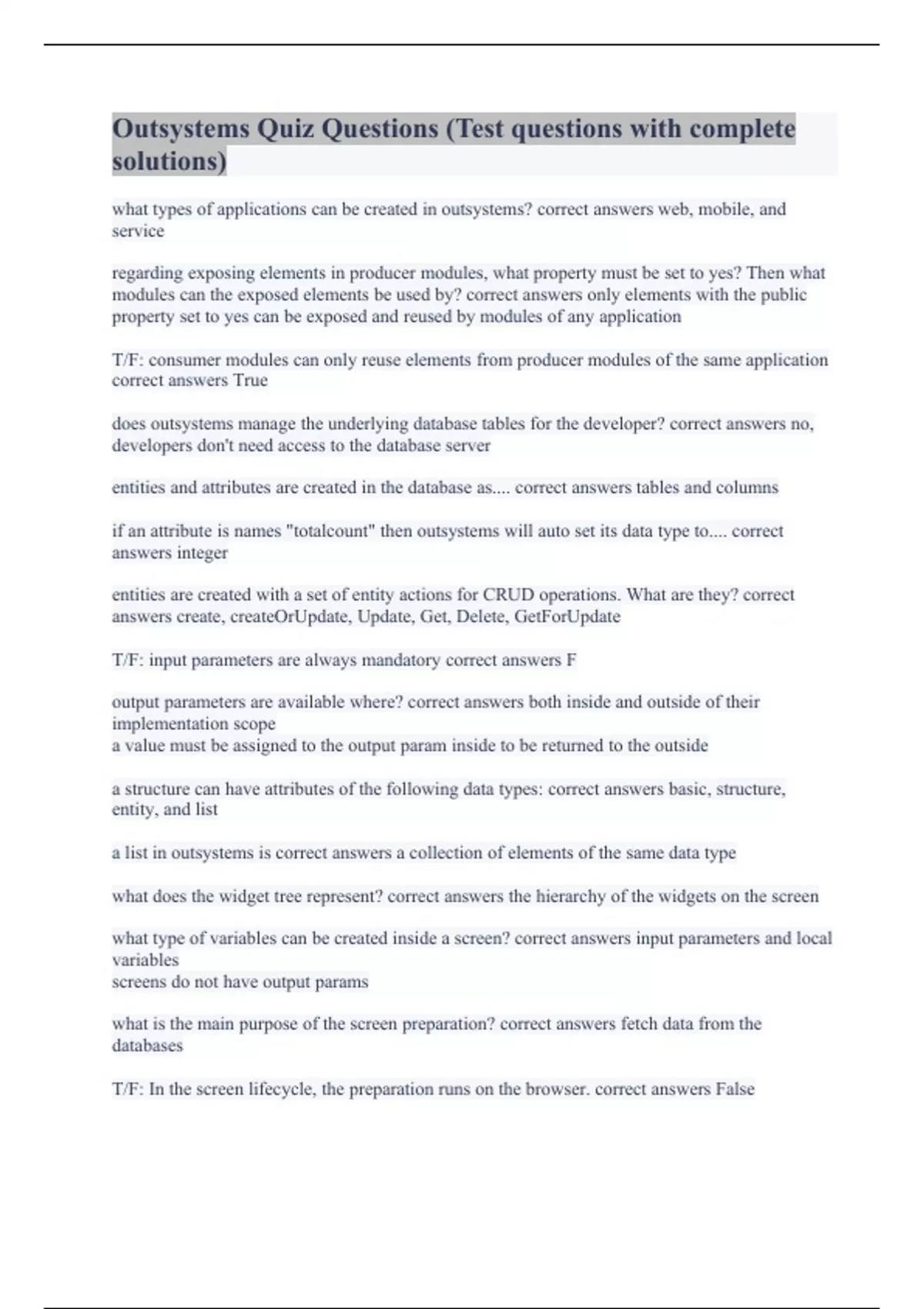 Outsystems Quiz Questions (Test questions with complete solutions ...