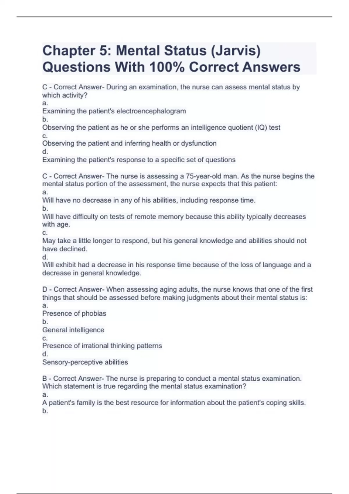 Chapter 5 Mental Status (Jarvis) Questions With 100 Correct Answers Mental Status Stuvia US
