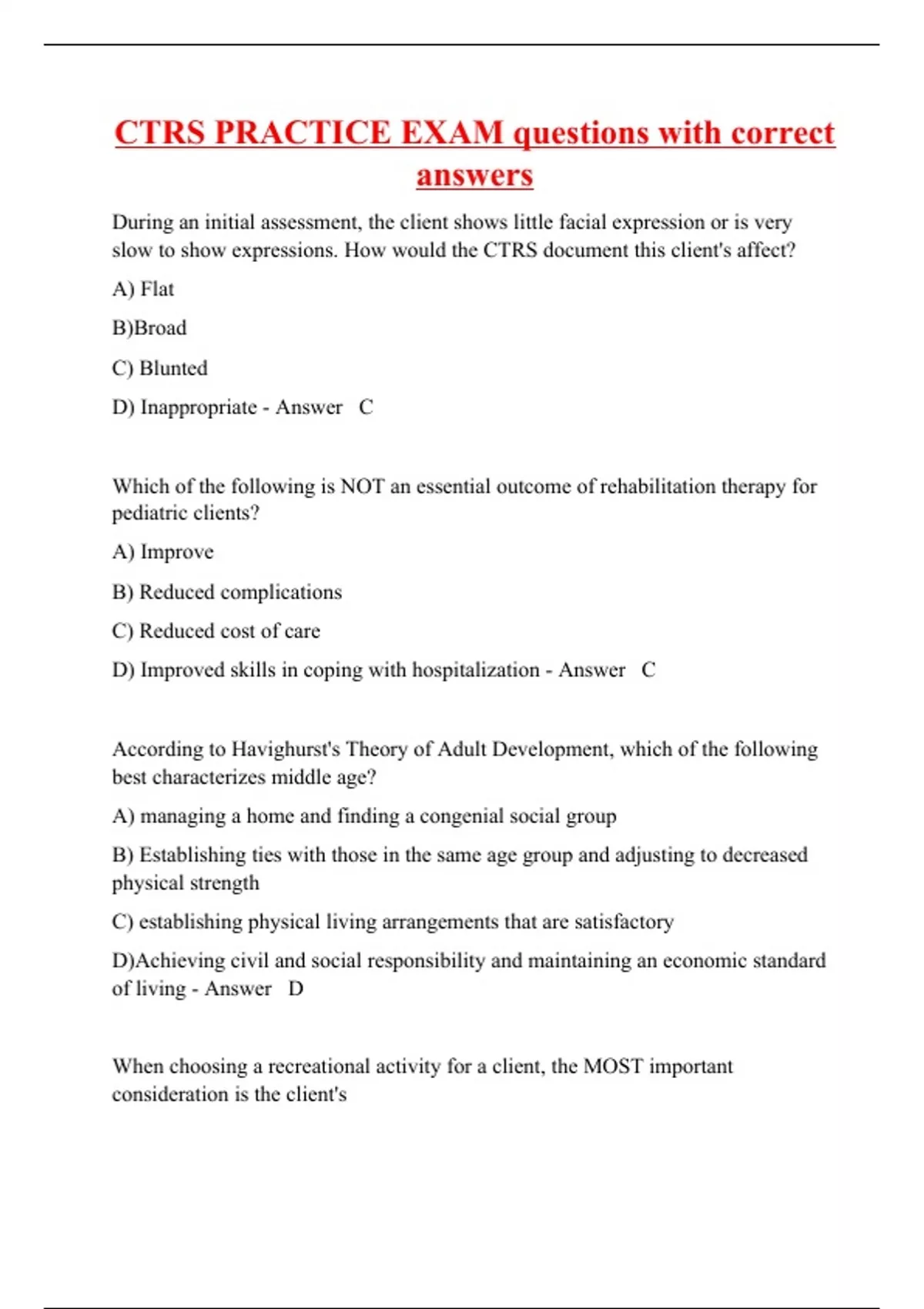 CTRS PRACTICE EXAM questions with correct answers CTRS Stuvia US