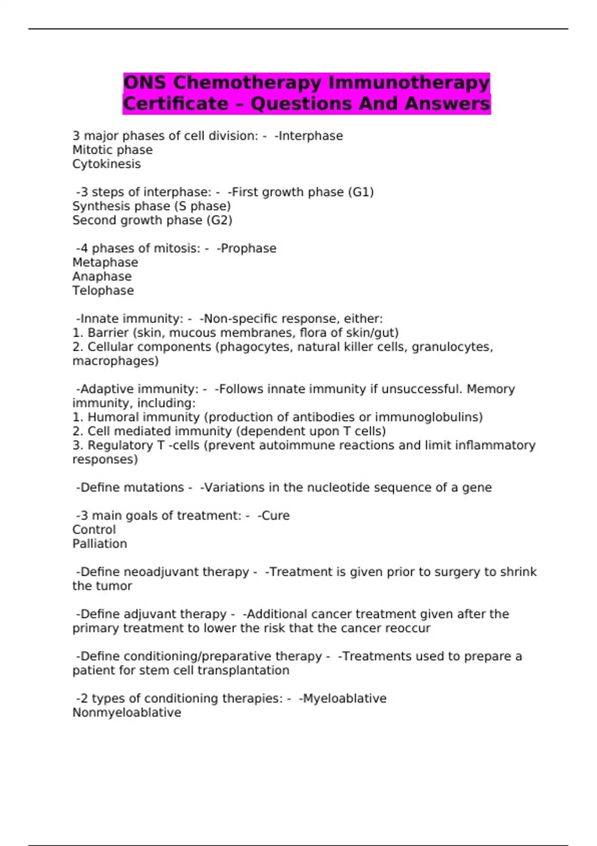 ONS Chemotherapy Immunotherapy Certificate – Questions And Answers ...
