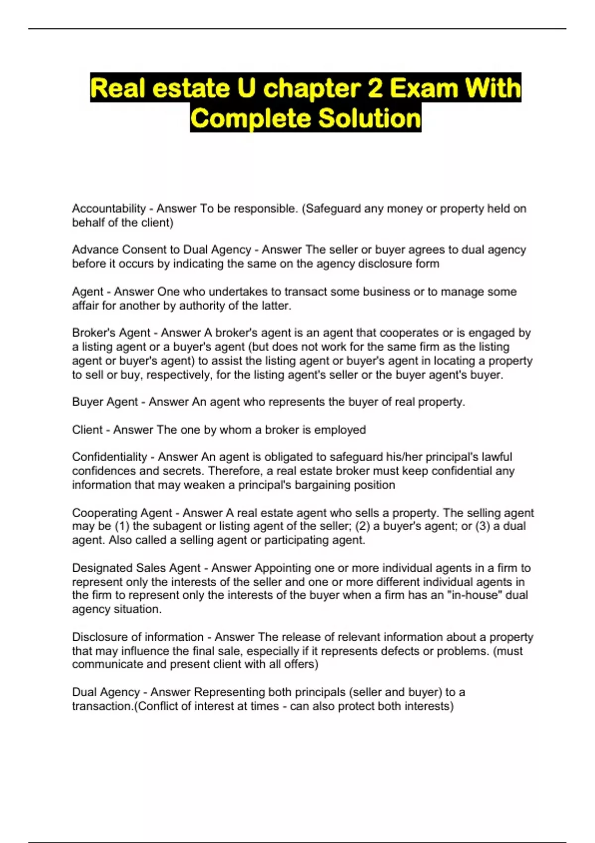 Real estate U chapter 2 Exam With Complete Solution Real estate U chapter 2 Stuvia US