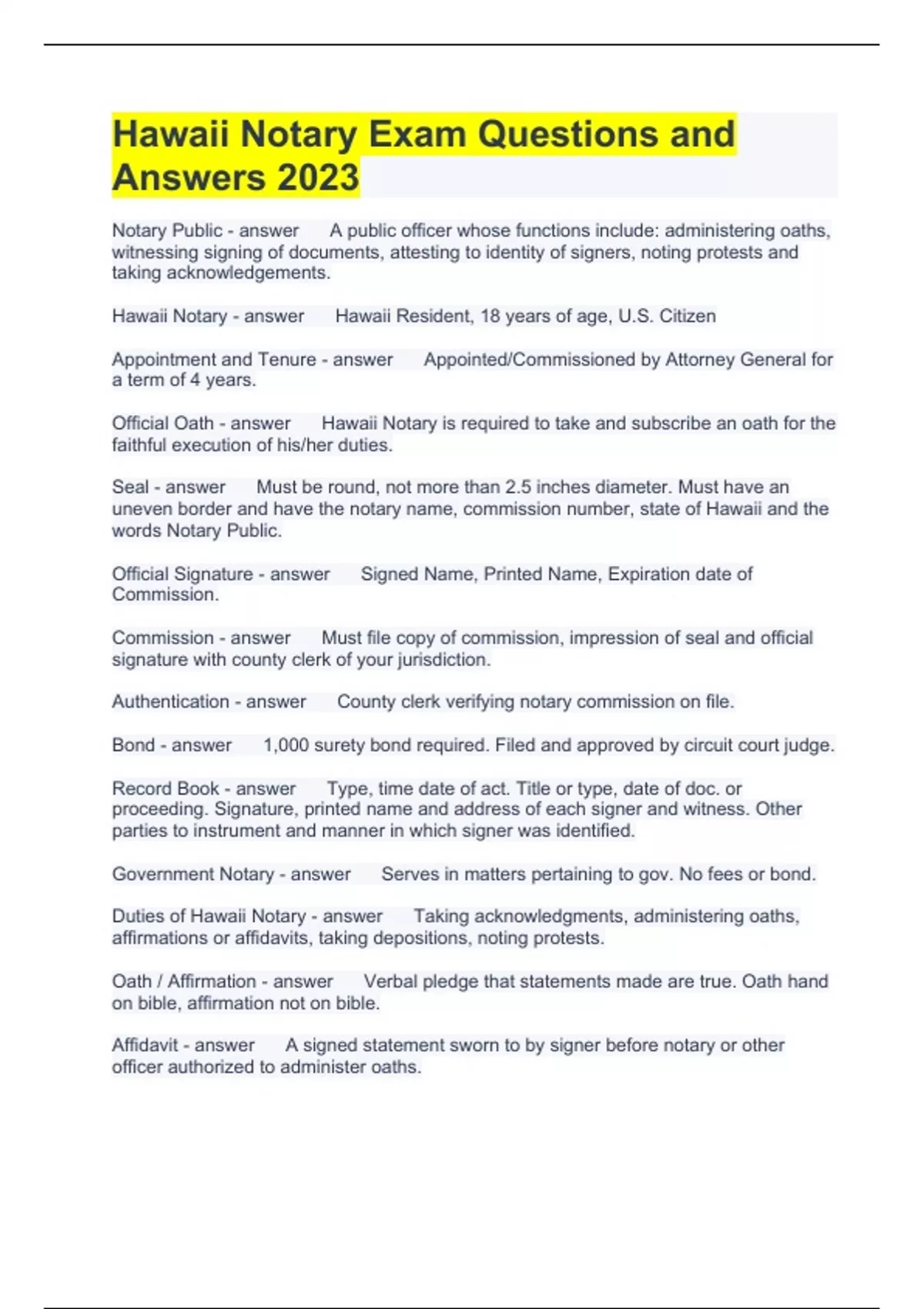 Hawaii Notary Exam Questions and Answers 2023 Hawaii notary public