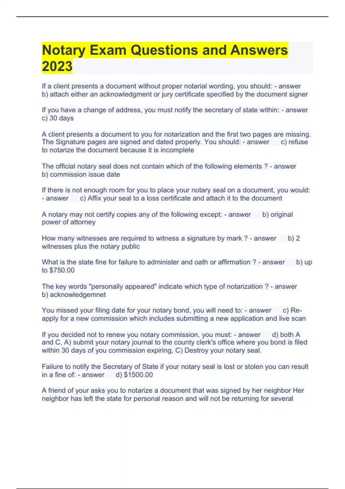 Notary Exam Questions and Answers 2023 Hawaii notary public Stuvia US