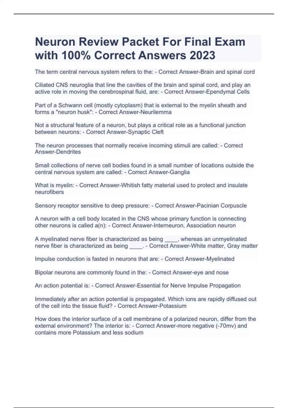 Neuron Review Packet For Final Exam with 100 Correct Answers 2023