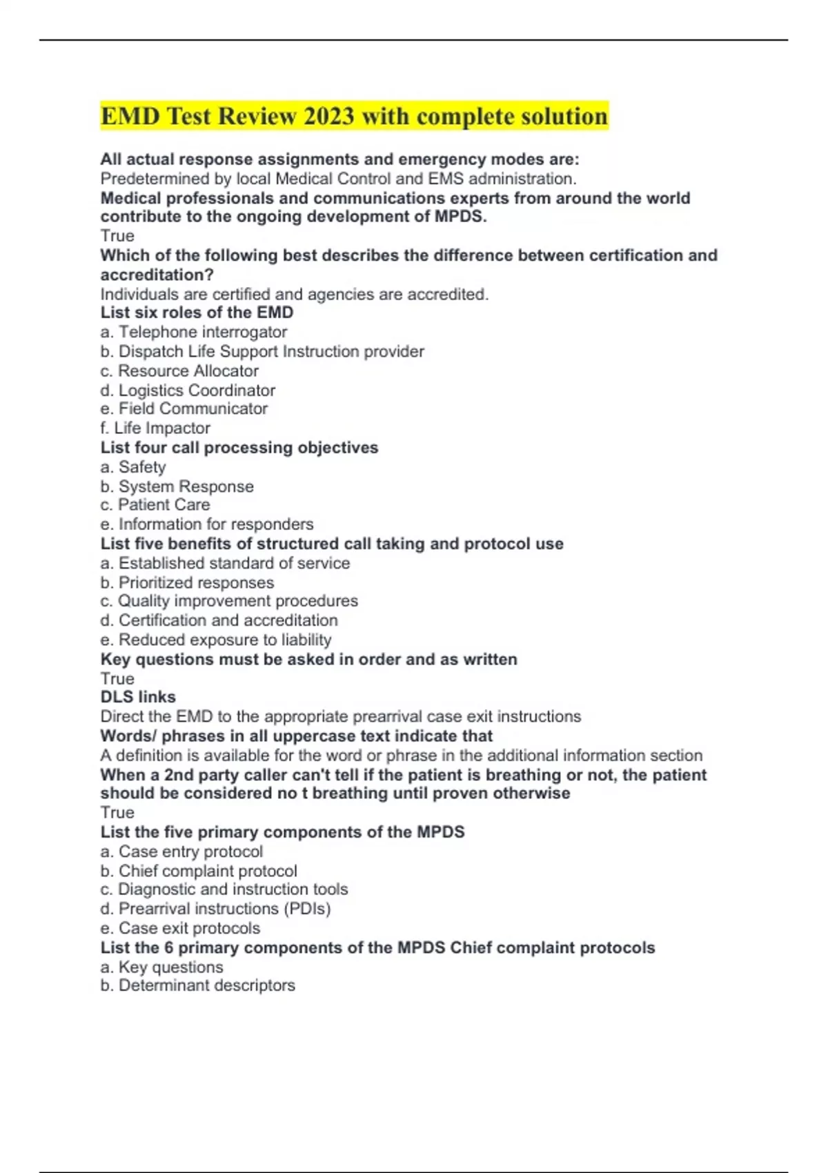 EMD Test Review 2023 with complete solution EMD Emergency Medical Dispatcher Stuvia US