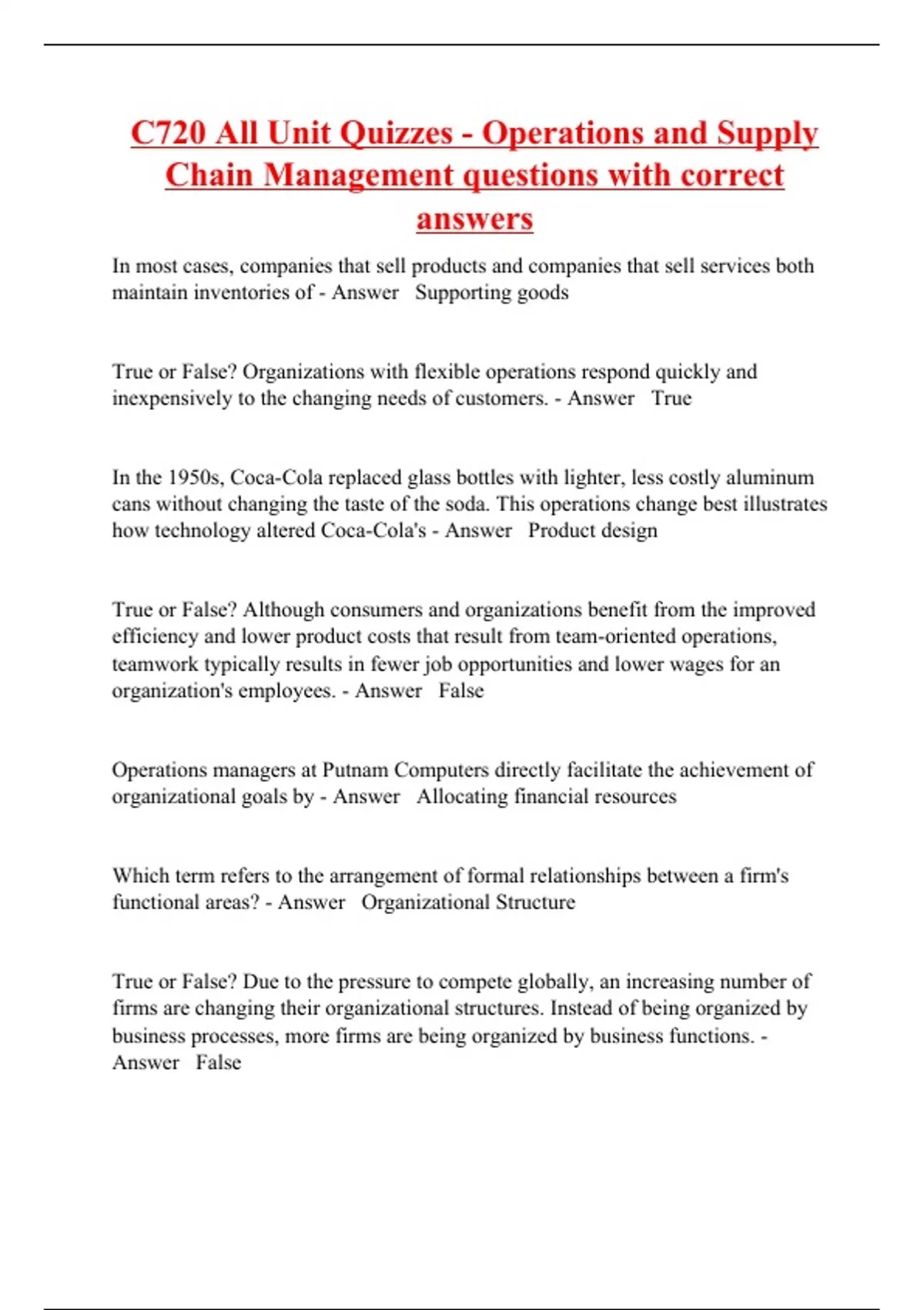 C720 All Unit Quizzes Operations and Supply Chain Management