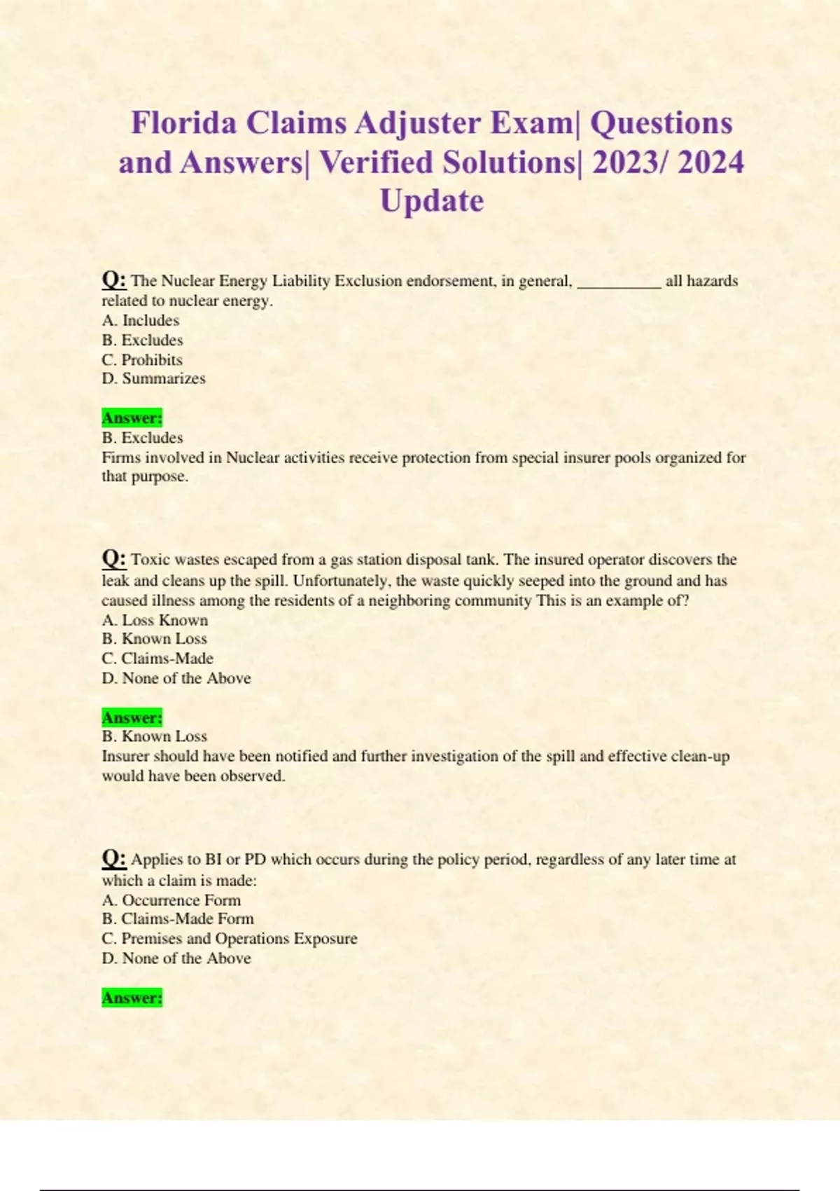 Florida Claims Adjuster Exam Questions and Answers Verified Solutions