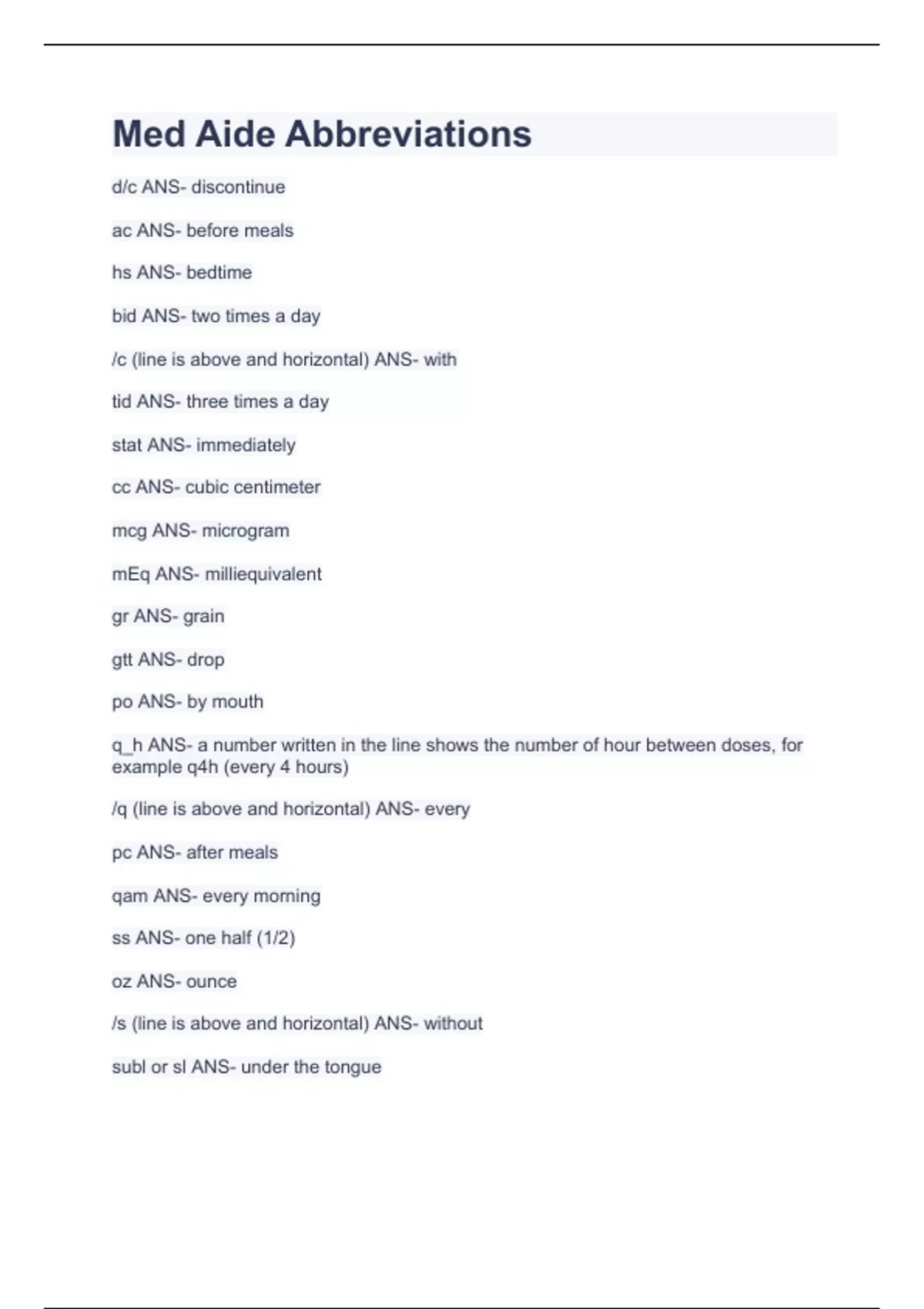 Med Aide AbbreviationsQUESTIONS WITH CORRECT ANSWERS 100 VERIFIED Med Aide Stuvia US