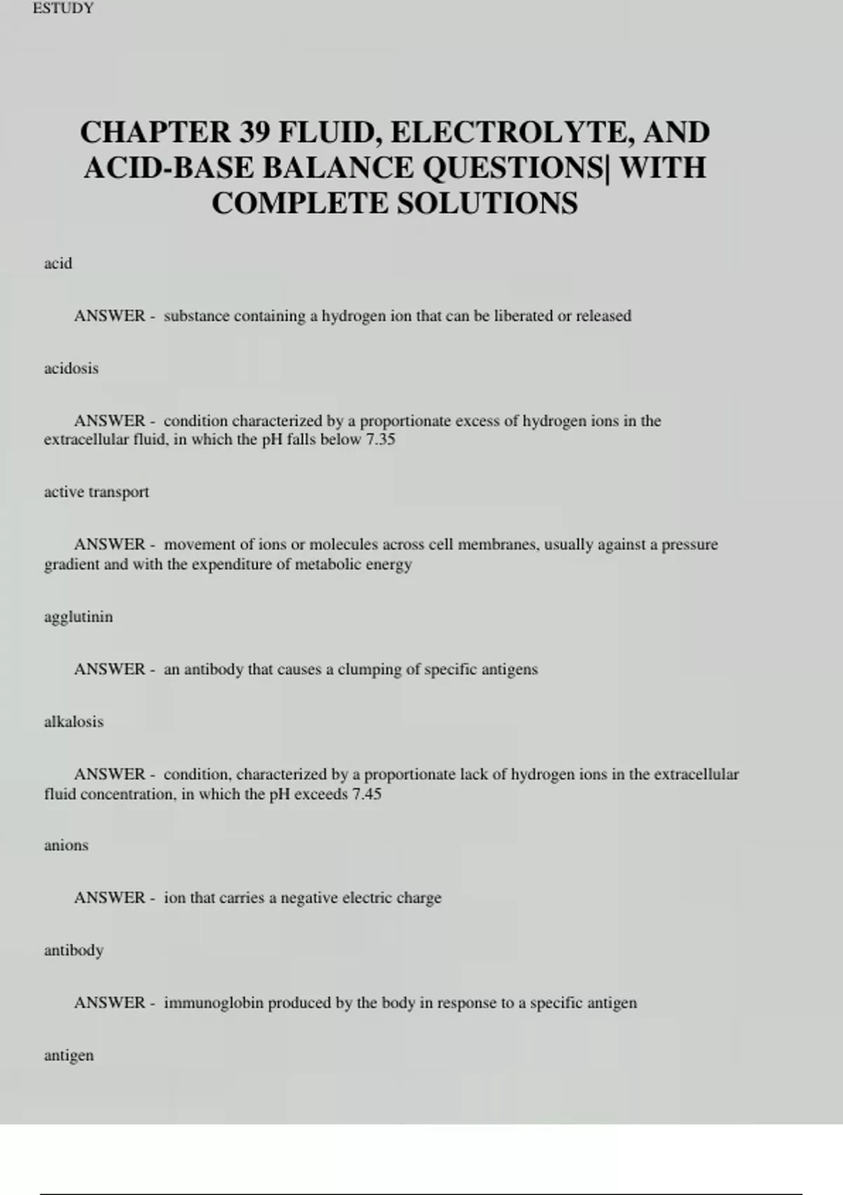 CHAPTER 39 FLUID, ELECTROLYTE, AND ACIDBASE BALANCE QUESTIONS WITH