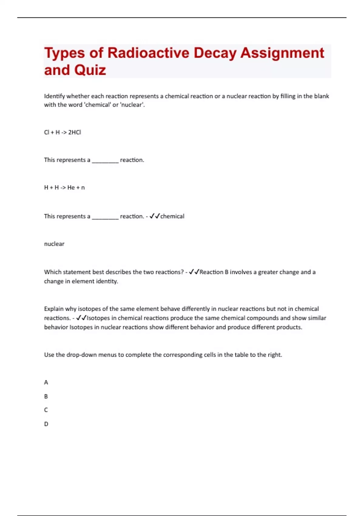 Types of Radioactive Decay Assignment and Quiz Question and Answers