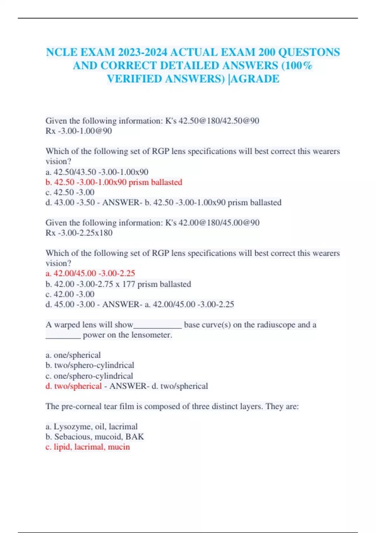 Ncle NCLE EXAM ACTUAL EXAM 200 QUESTONS AND CORRECT DETAILED ANSWERS (100% ...