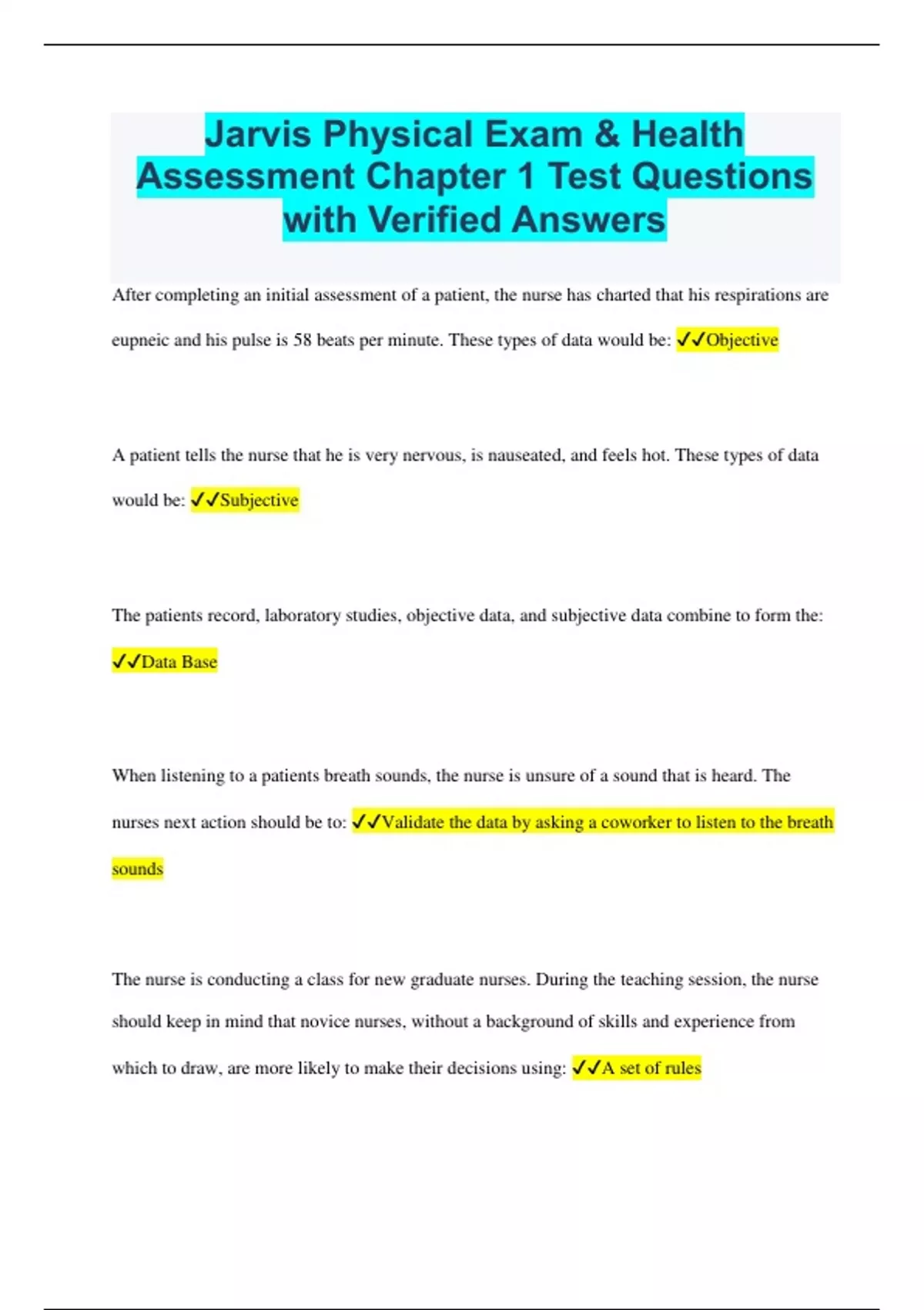 Jarvis Physical Exam & Health Assessment Chapter 1 Test Questions with Verified Answers Jarvis