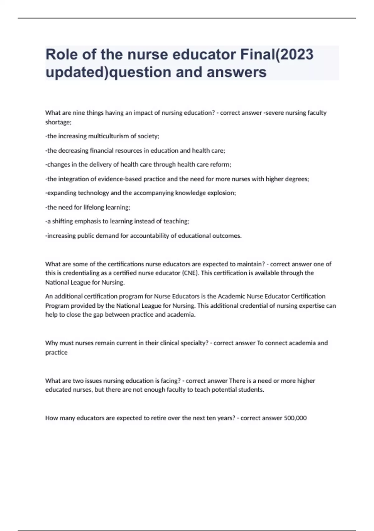 Role of the nurse educator Final(2023 updated)question and answers