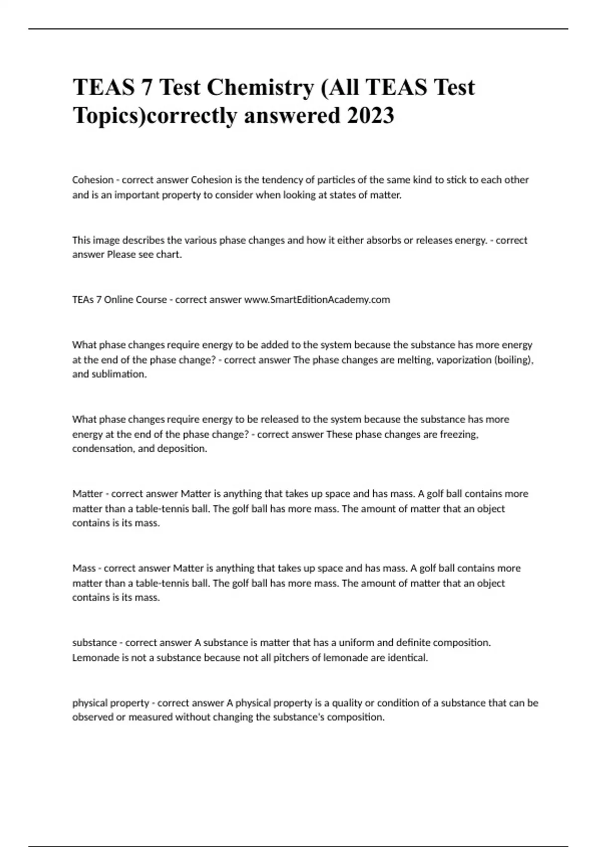 TEAS 7 Test Chemistry (All TEAS Test Topics)correctly answered 2023