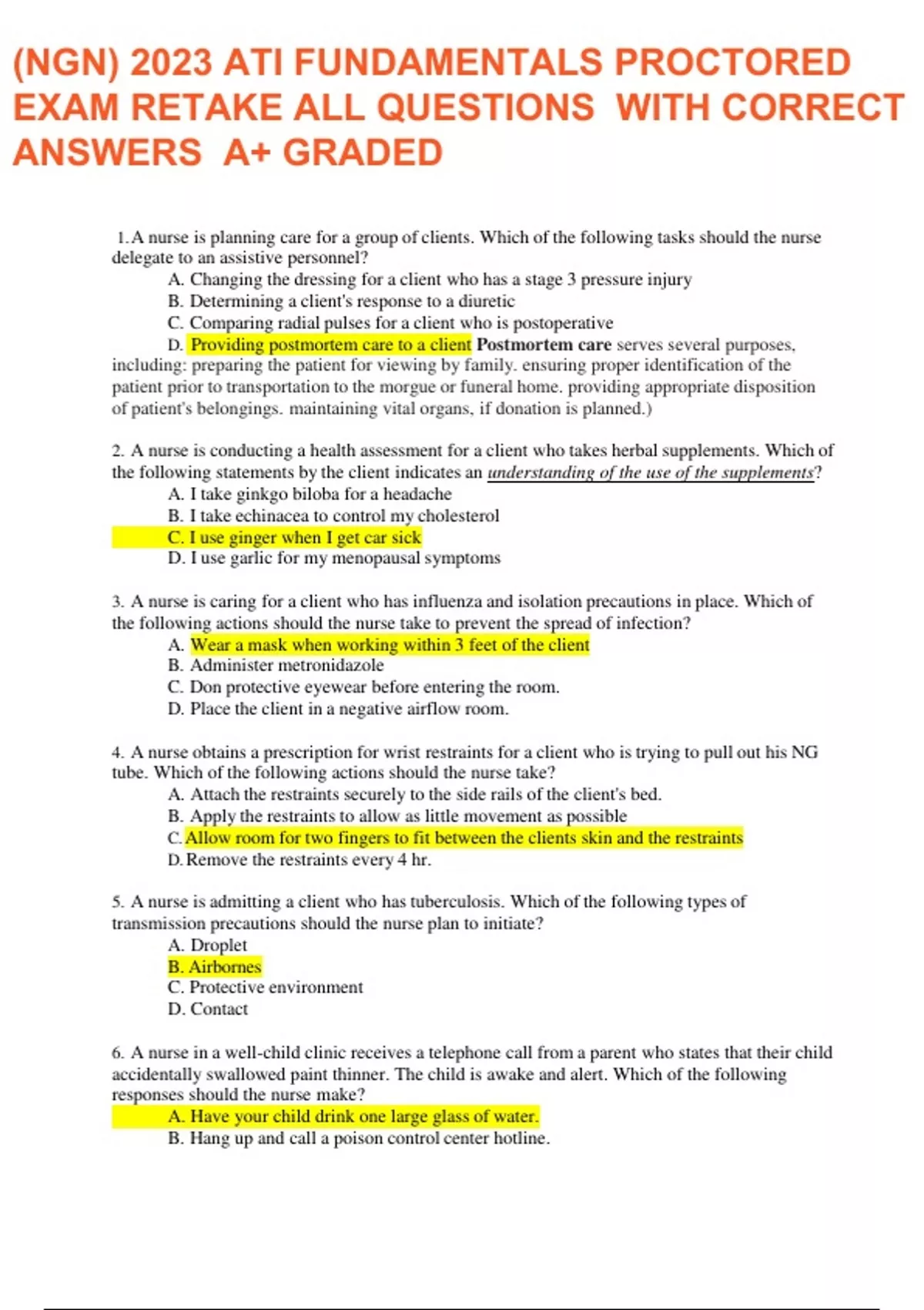 (NGN) 2023 ATI FUNDAMENTALS PROCTORED EXAM RETAKE ALL QUESTIONS WITH ...