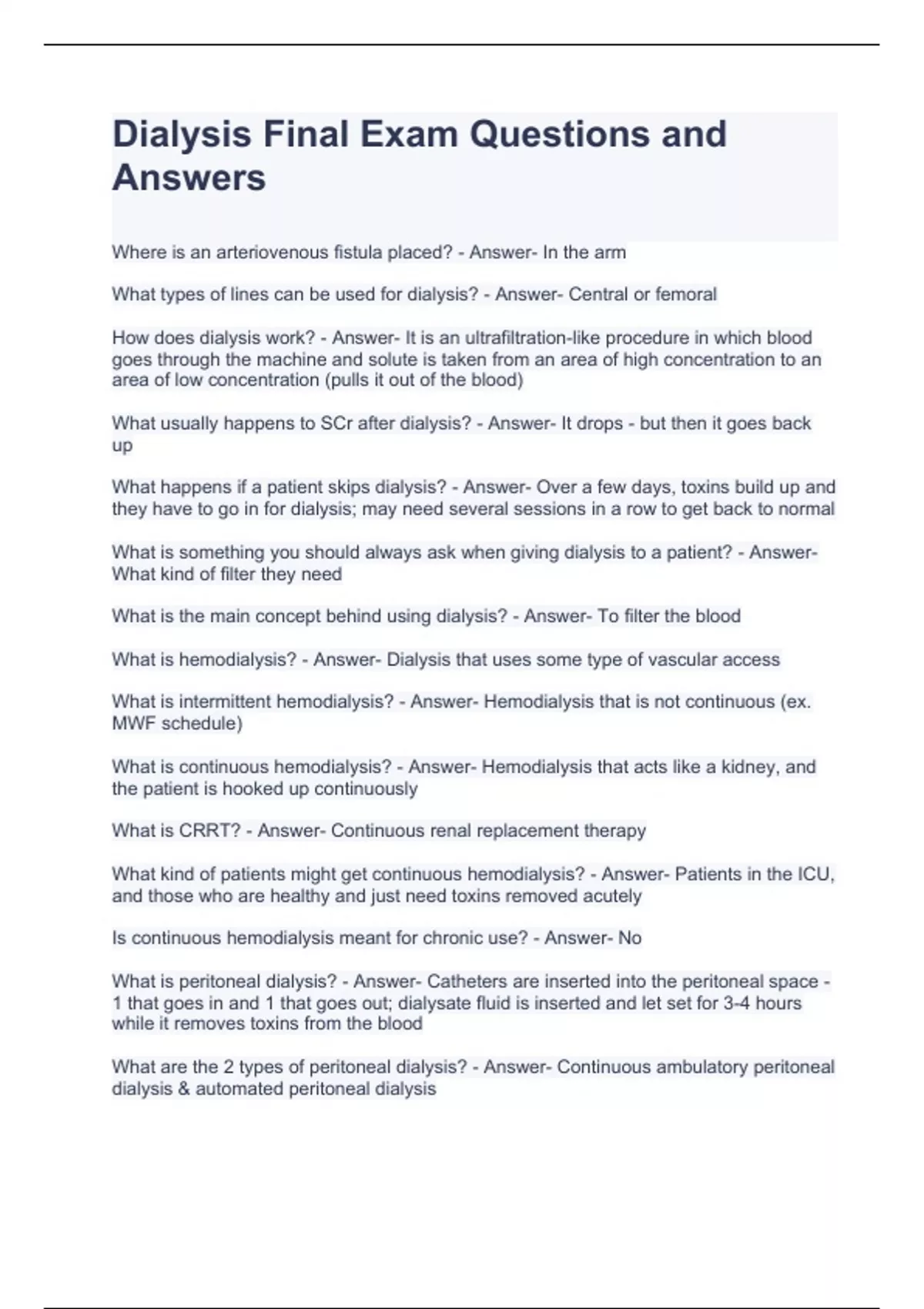 Dialysis Final Exam Questions and Answers Dialysis Stuvia US