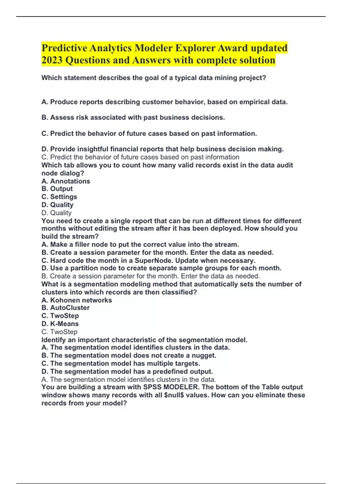 Predictive Analytics Modeler Explorer Award updated 2023 Questions and ...