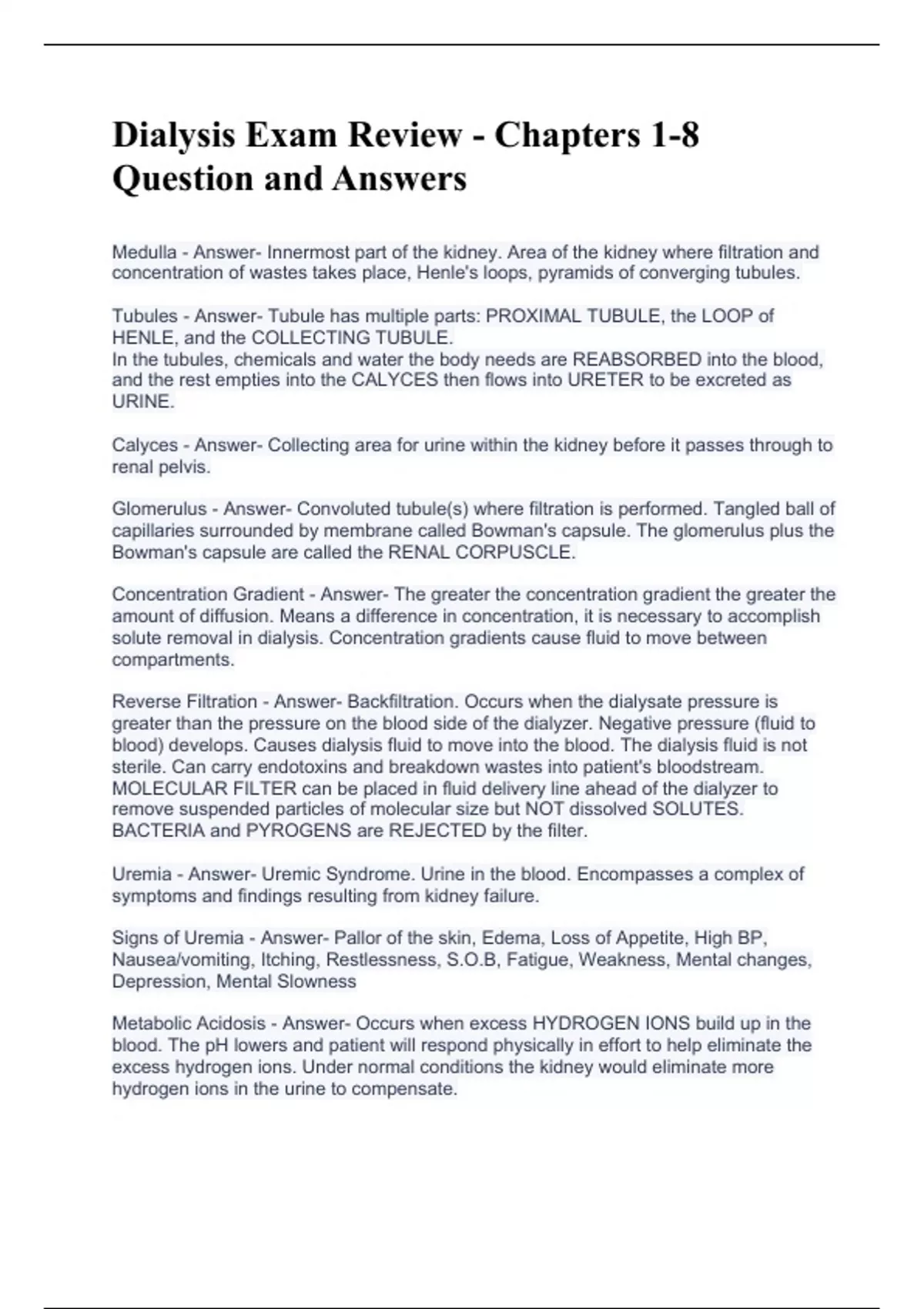 Dialysis Exam Review Chapters 18 Question and Answers Dialysis